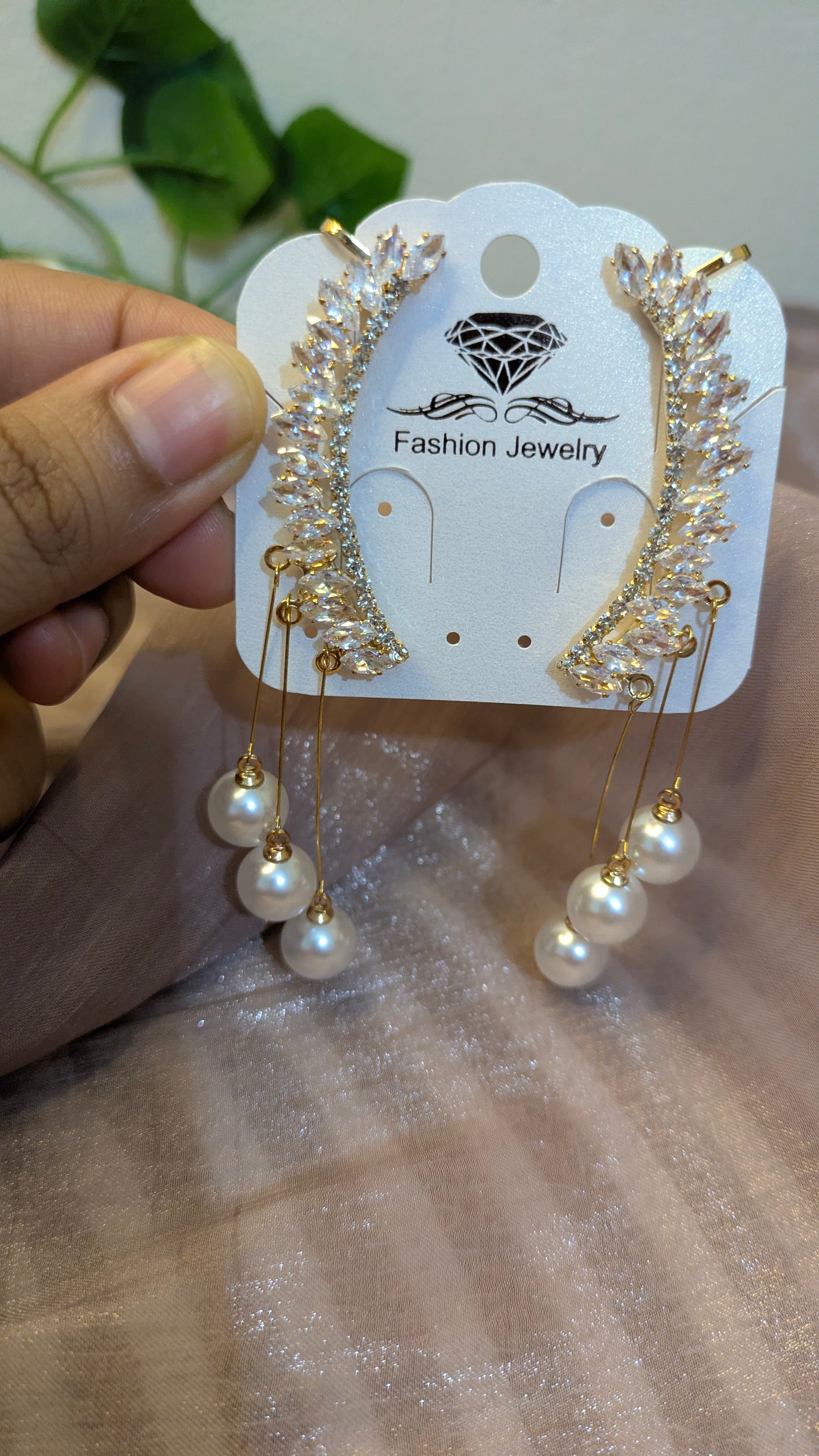 Crystal Leaf Ear Climber Earrings with Pearl Drops – Bridal Statement Jewelry | One Size