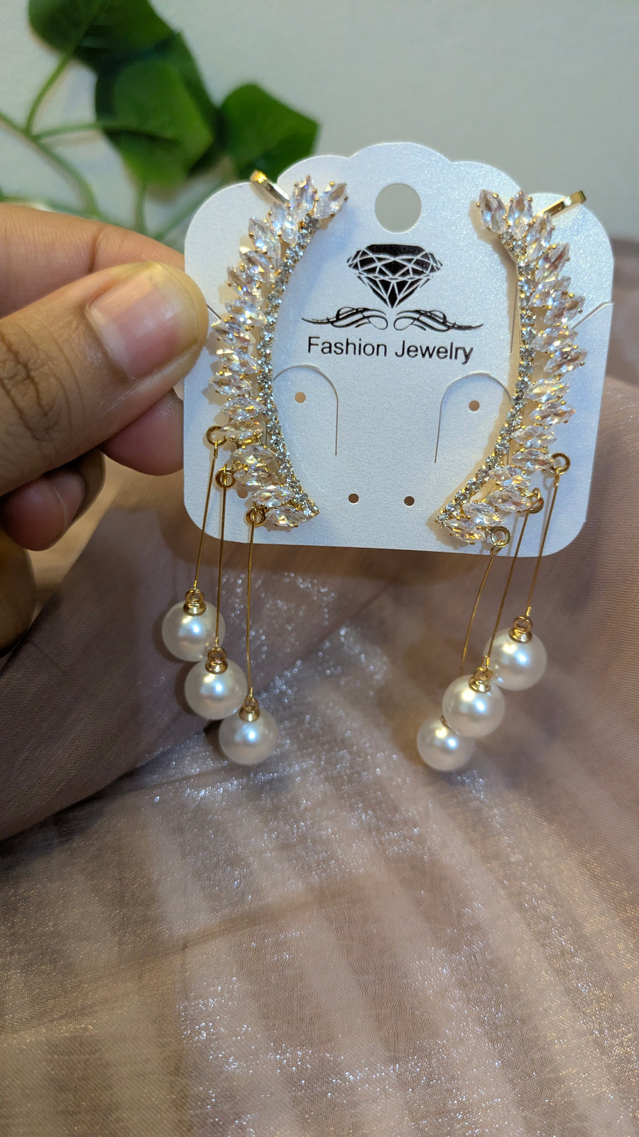 Crystal Leaf Ear Climber Earrings with Pearl Drops – Bridal Statement Jewelry | One Size