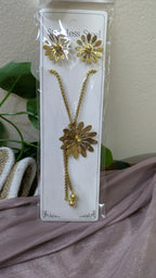 Gold Stainless Steel Daisy Sunflower Necklace & Earring Set – Vintage Boho Jewelry | One Size