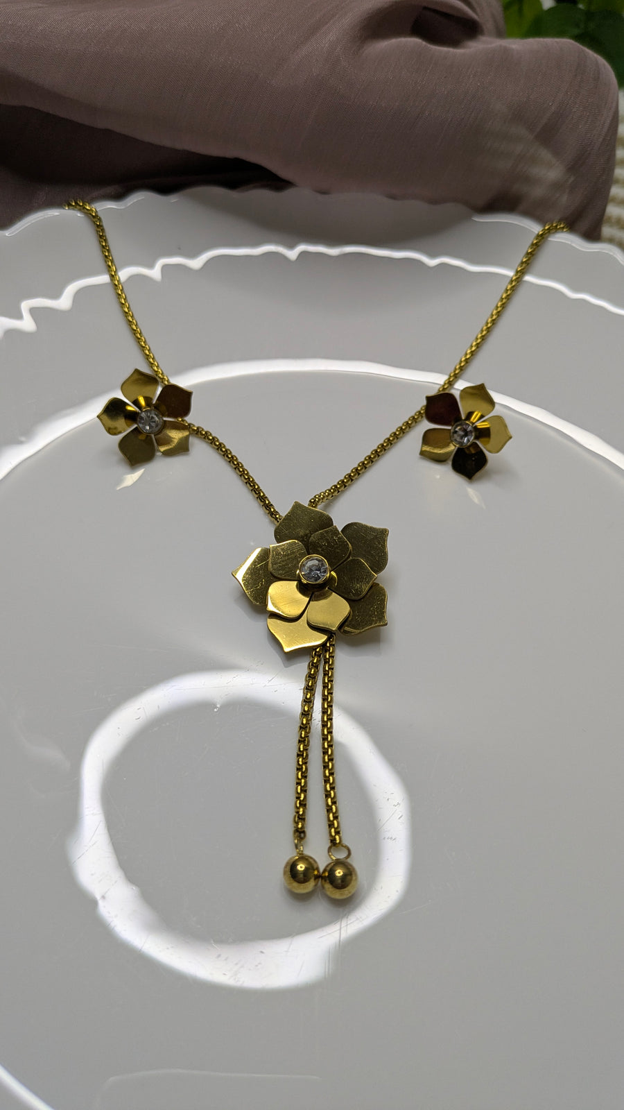 Gold Stainless Steel Crystal Flower Necklace & Earring Set – Vintage Luxury | One Size