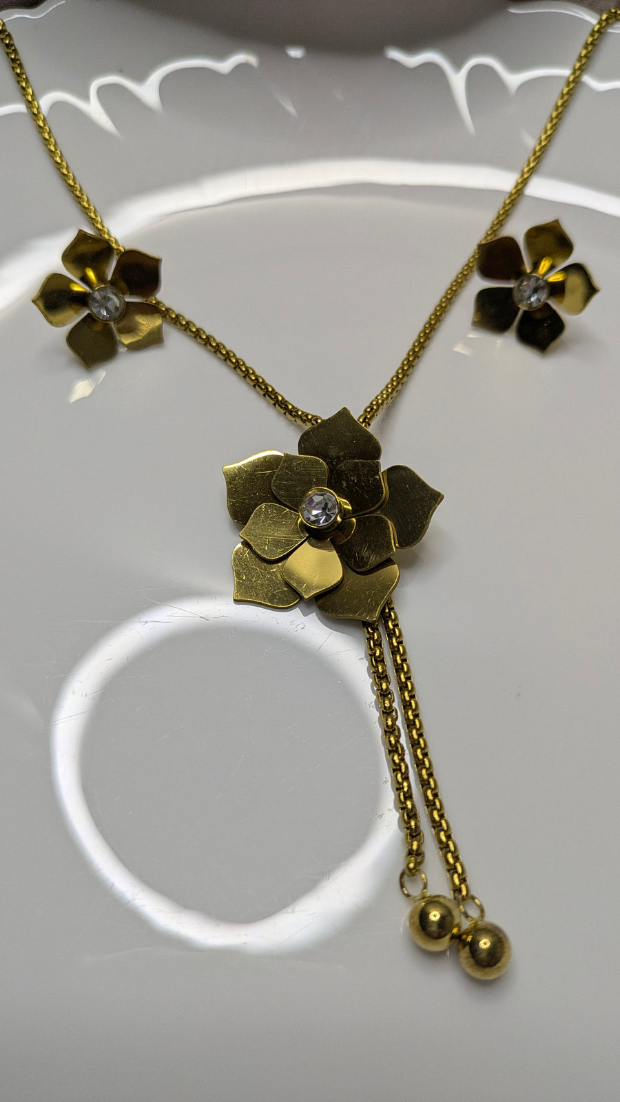 Gold Stainless Steel Crystal Flower Necklace & Earring Set – Vintage Luxury | One Size