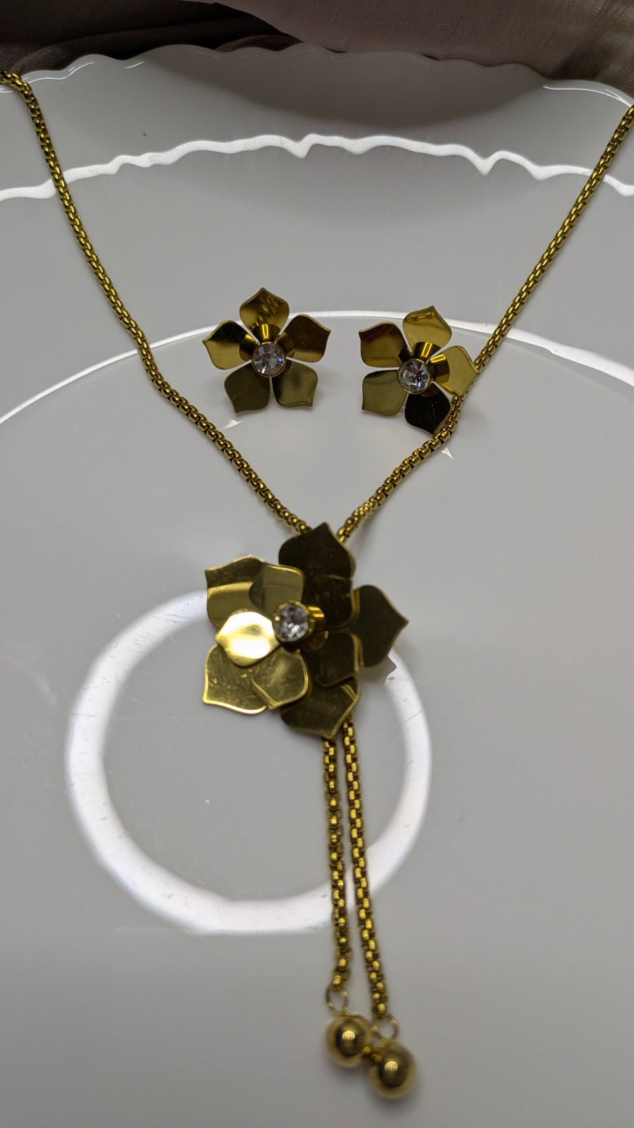 Gold Stainless Steel Crystal Flower Necklace & Earring Set – Vintage Luxury | One Size