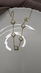 Gold Four-Leaf Clover Mother of Pearl Station Necklace – Vintage Luxury | One Size