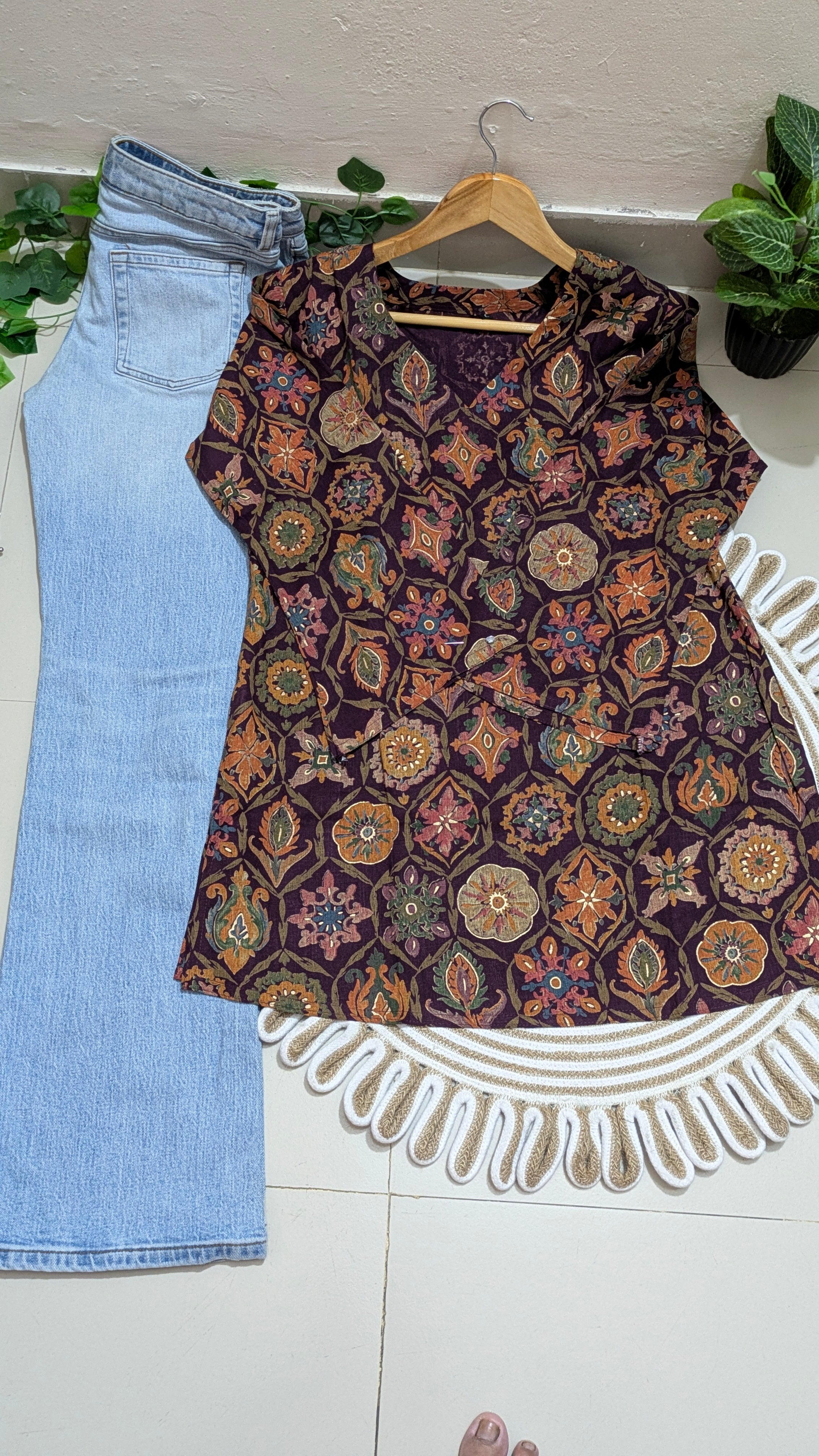 Deep Plum Medallion Floral Print Aarong Cotton Kurti | Summer Kurti for Women