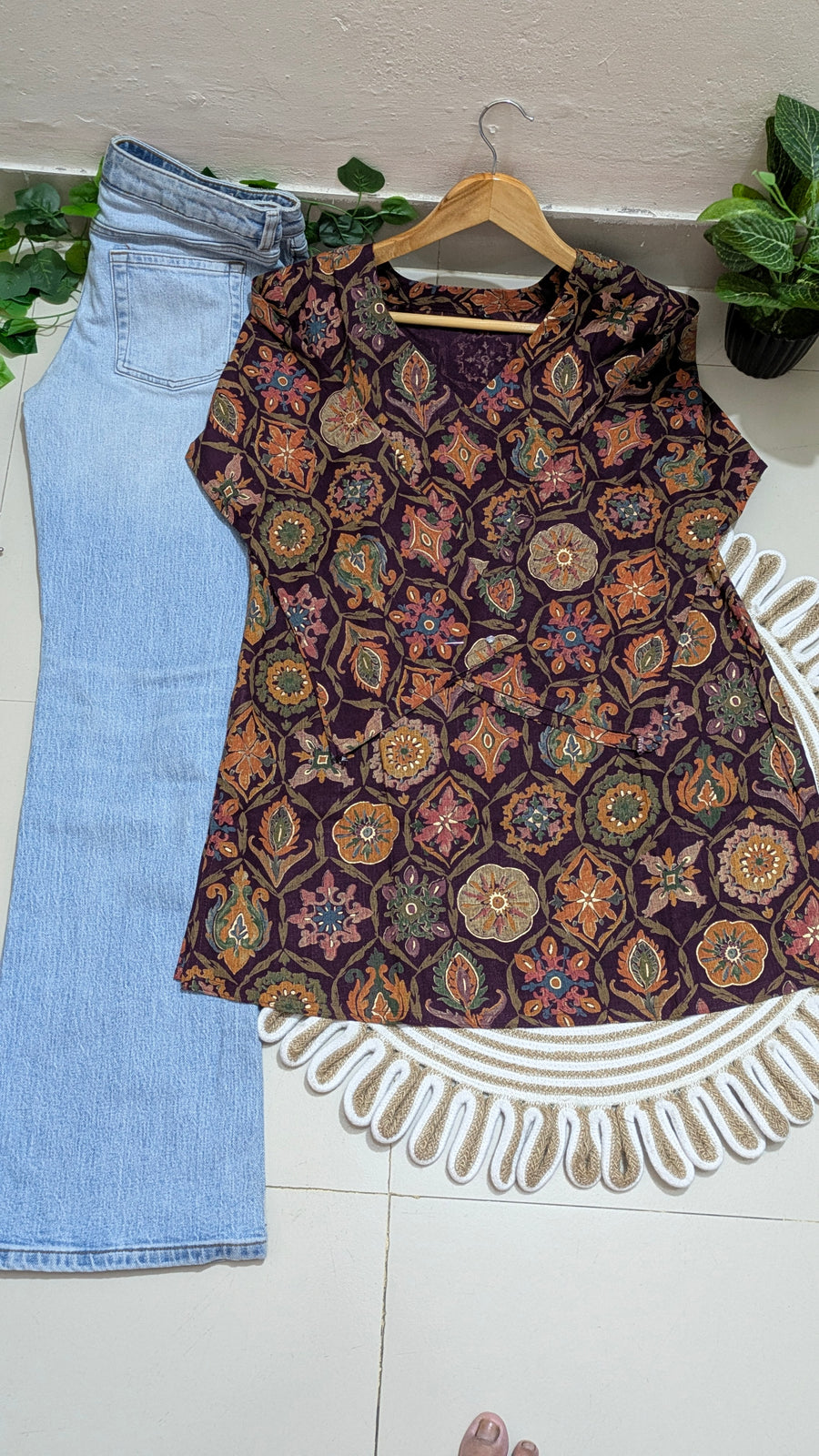 Deep Plum Medallion Floral Print Aarong Cotton Kurti | Summer Kurti for Women