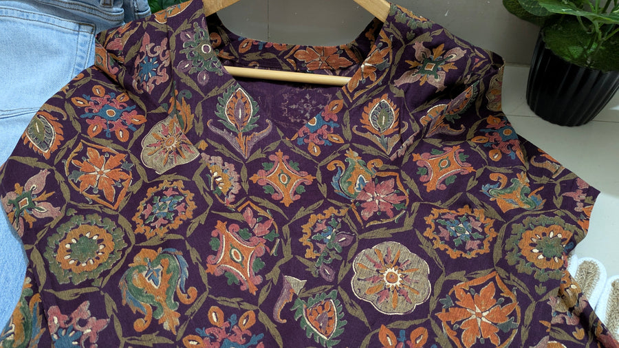Deep Plum Medallion Floral Print Aarong Cotton Kurti | Summer Kurti for Women
