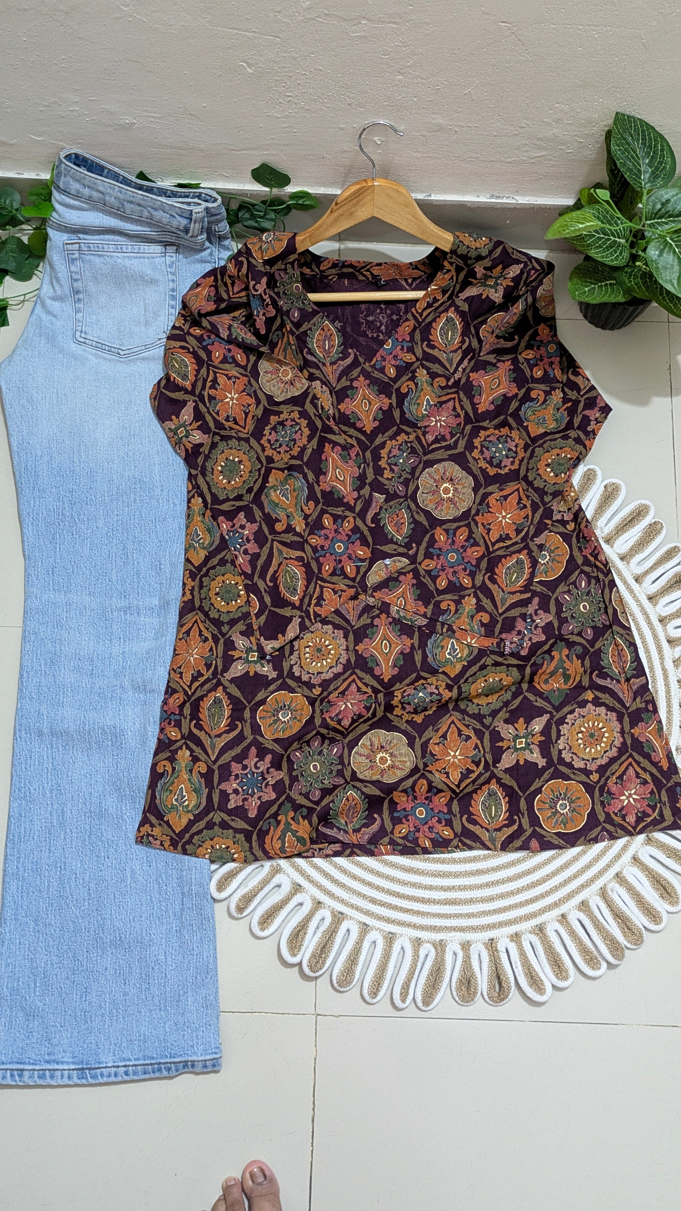 Deep Plum Medallion Floral Print Aarong Cotton Kurti | Summer Kurti for Women