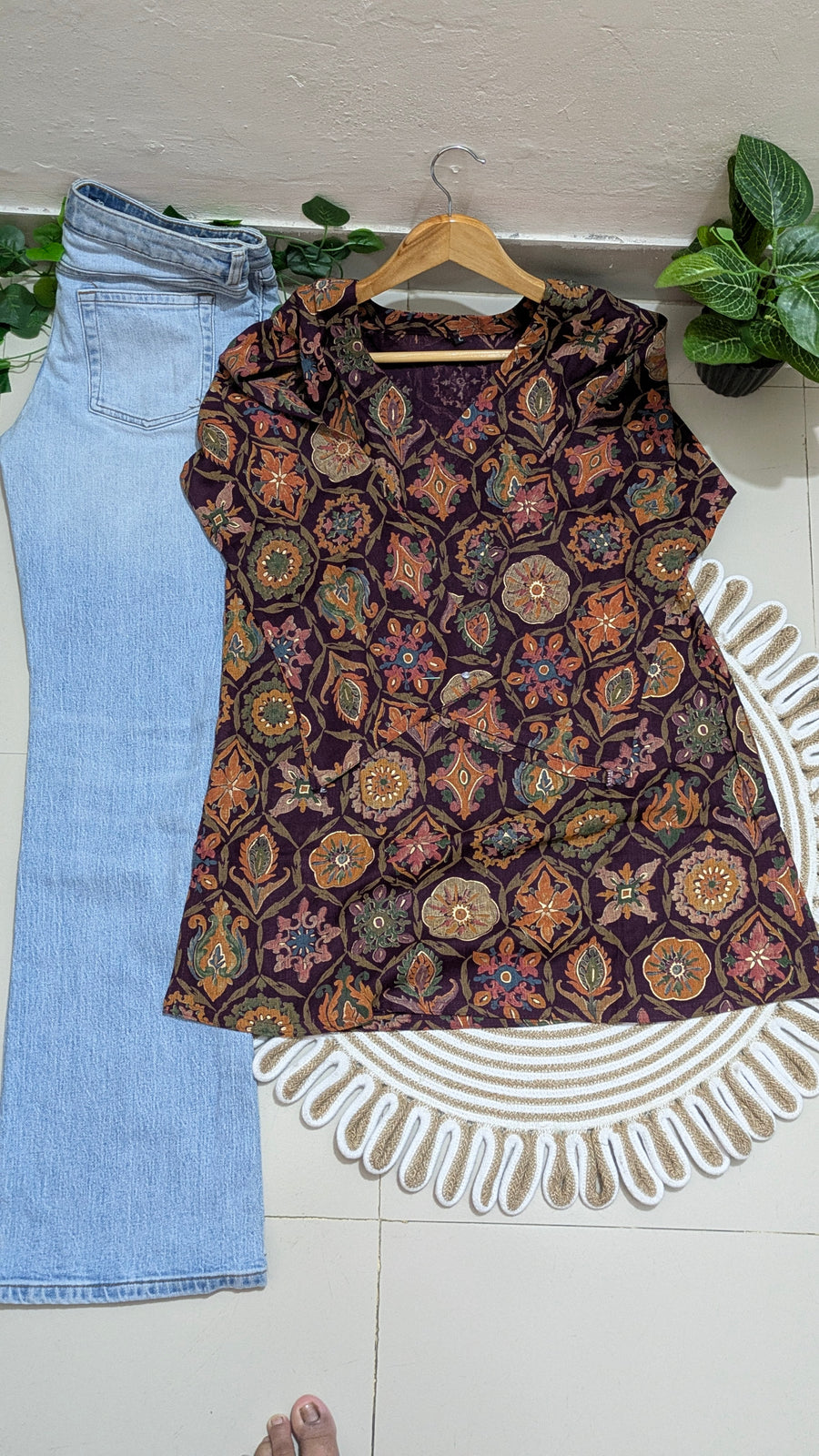 Deep Plum Medallion Floral Print Aarong Cotton Kurti | Summer Kurti for Women