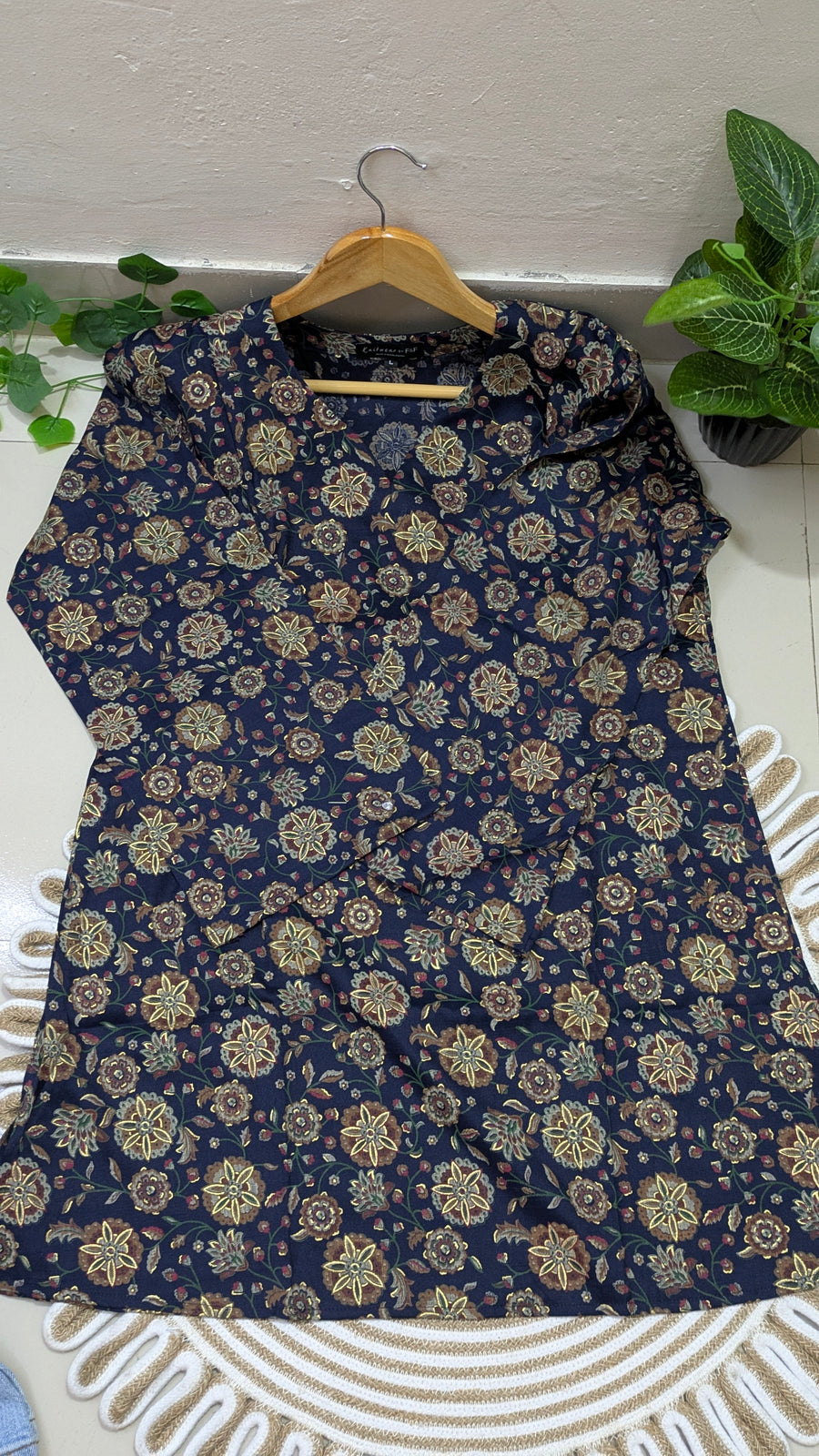 Navy Blue All-Over Floral Print Aarong Cotton Kurti | Summer Kurti for Women