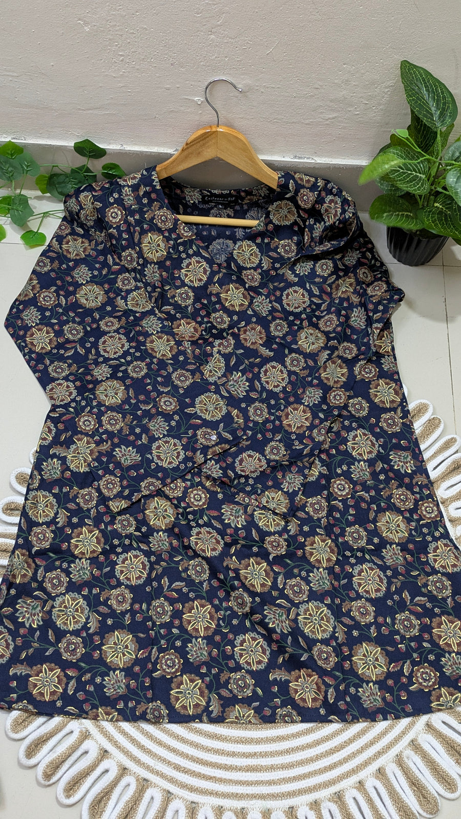 Navy Blue All-Over Floral Print Aarong Cotton Kurti | Summer Kurti for Women