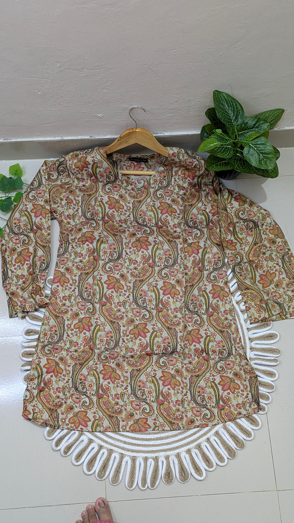 Cream Paisley Floral Print Aarong Cotton Kurti | Summer Kurti for Women