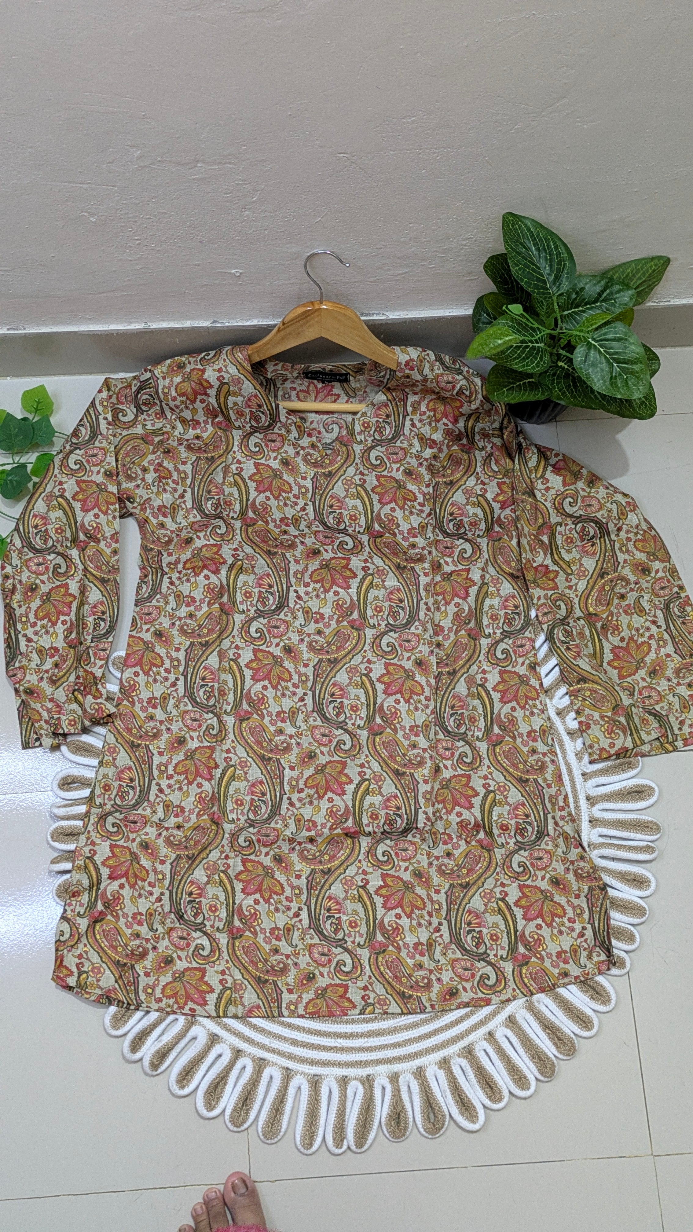 Cream Paisley Floral Print Aarong Cotton Kurti | Summer Kurti for Women