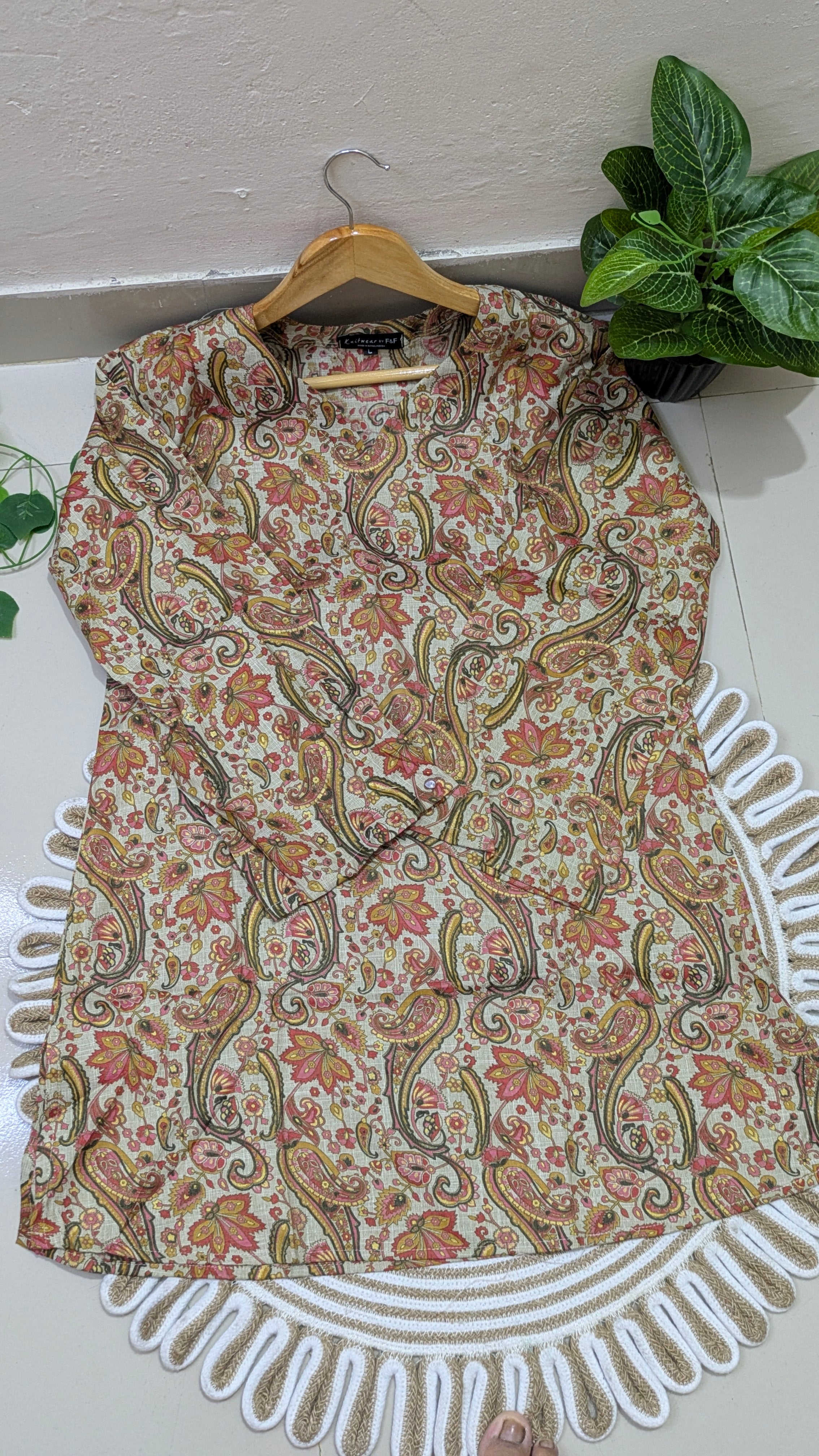 Cream Paisley Floral Print Aarong Cotton Kurti | Summer Kurti for Women