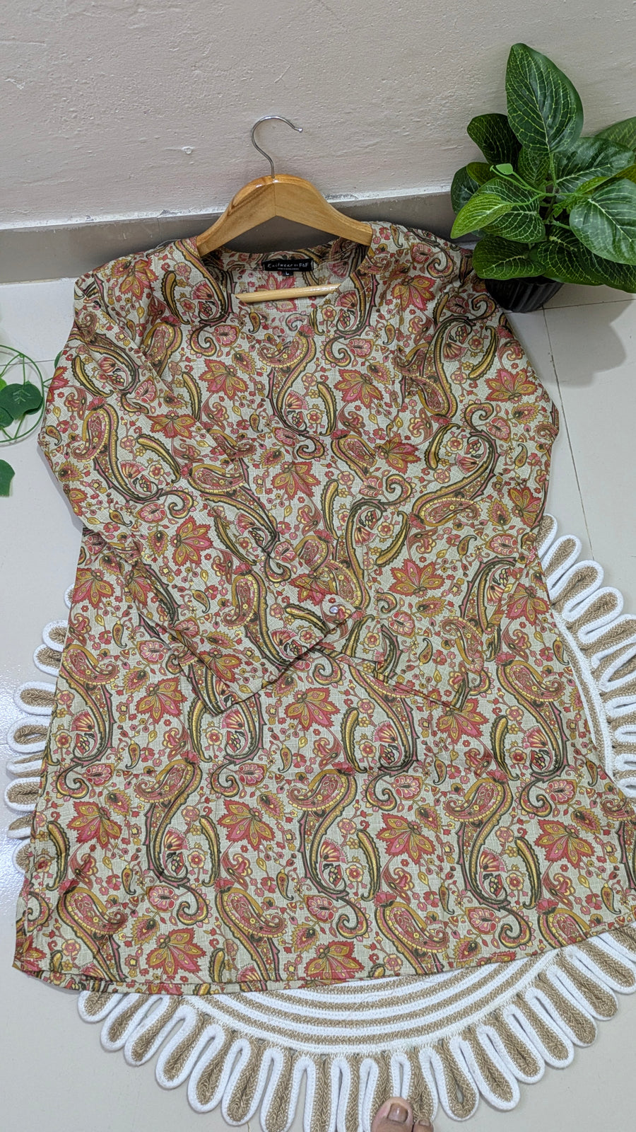Cream Paisley Floral Print Aarong Cotton Kurti | Summer Kurti for Women