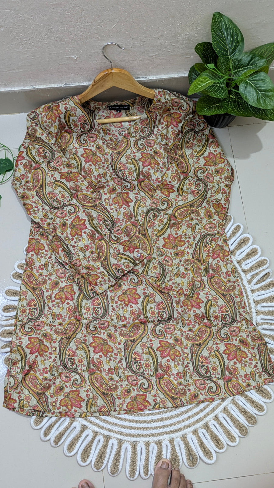 Cream Paisley Floral Print Aarong Cotton Kurti | Summer Kurti for Women