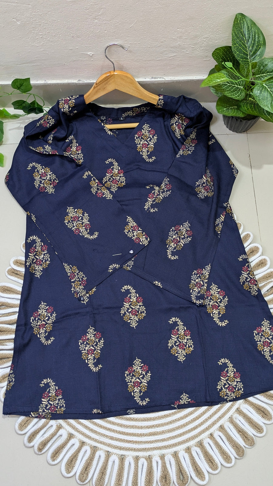 Navy Blue Paisley Print Aarong Cotton Kurti | Summer Kurti for Women