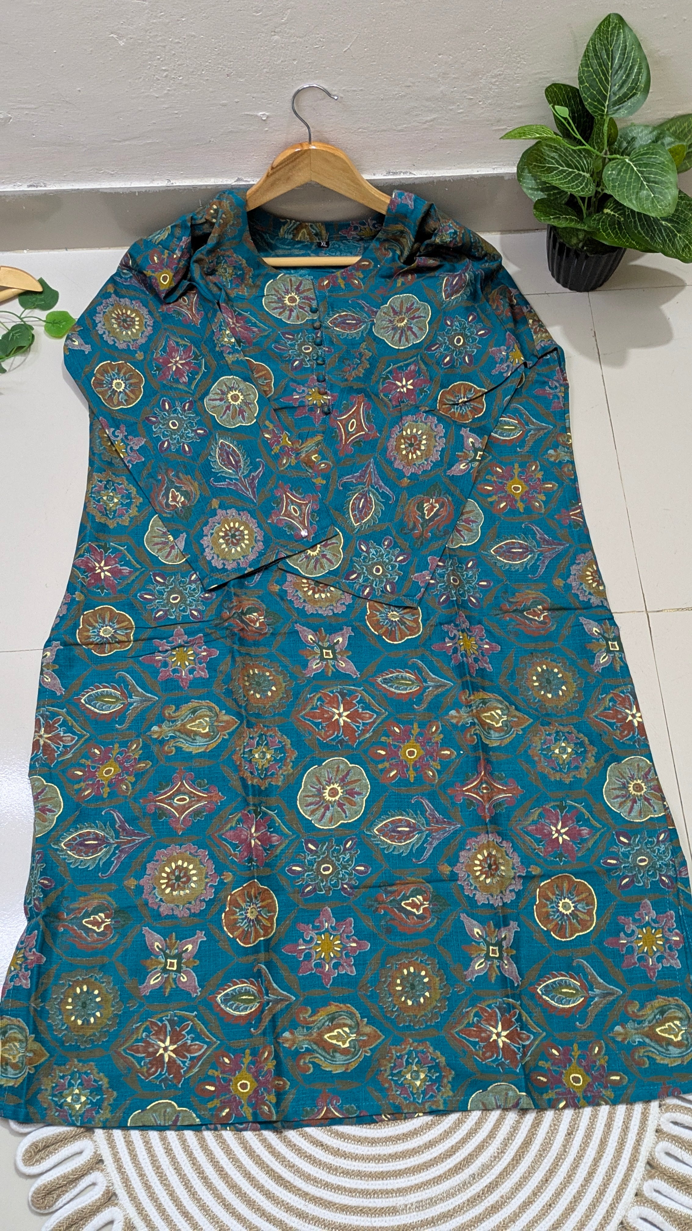 Teal Medallion Print Aarong Cotton Kurti & Straight Palazzo Set | Women
