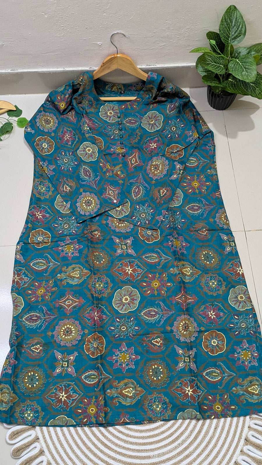 Teal Medallion Print Cotton Kurti