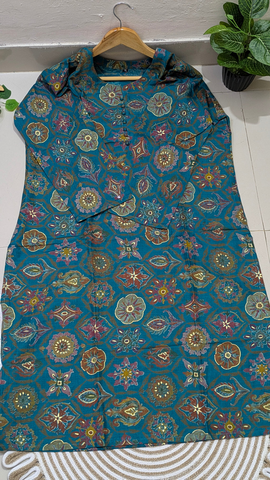 Teal Medallion Print Aarong Cotton Kurti & Straight Palazzo Set | Women
