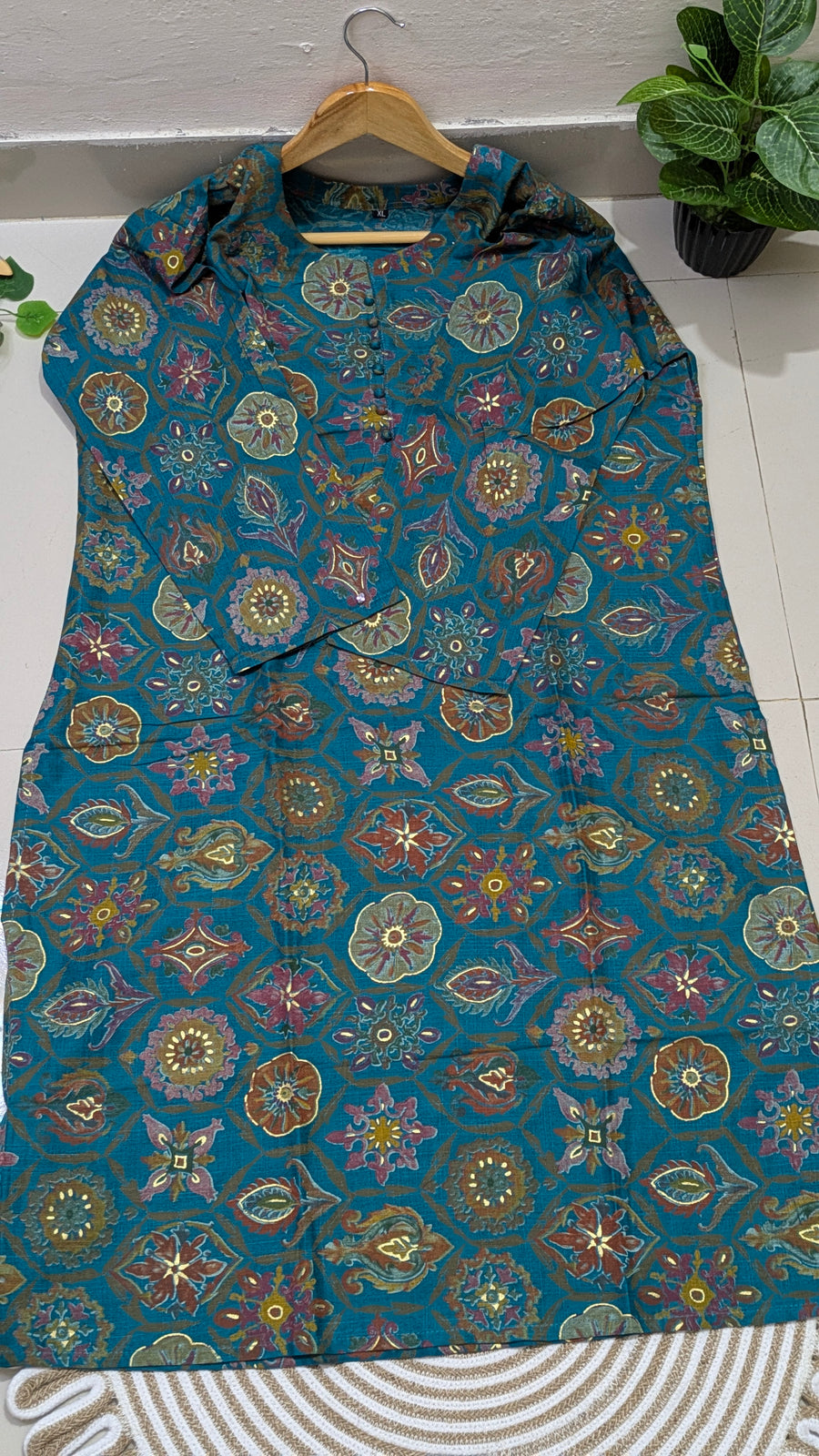 Teal Medallion Print Cotton Kurti