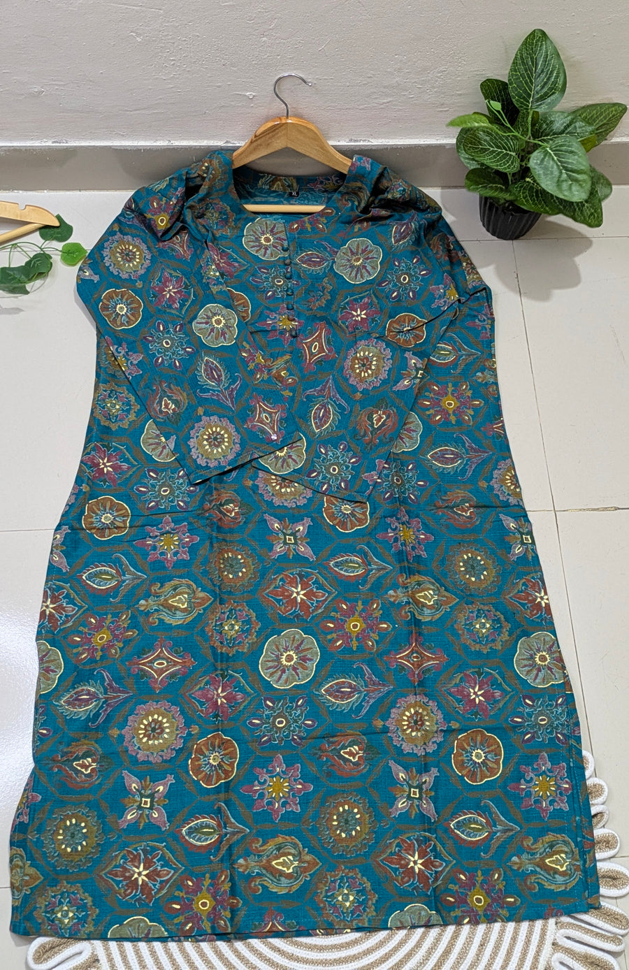 Teal Medallion Print Cotton Kurti