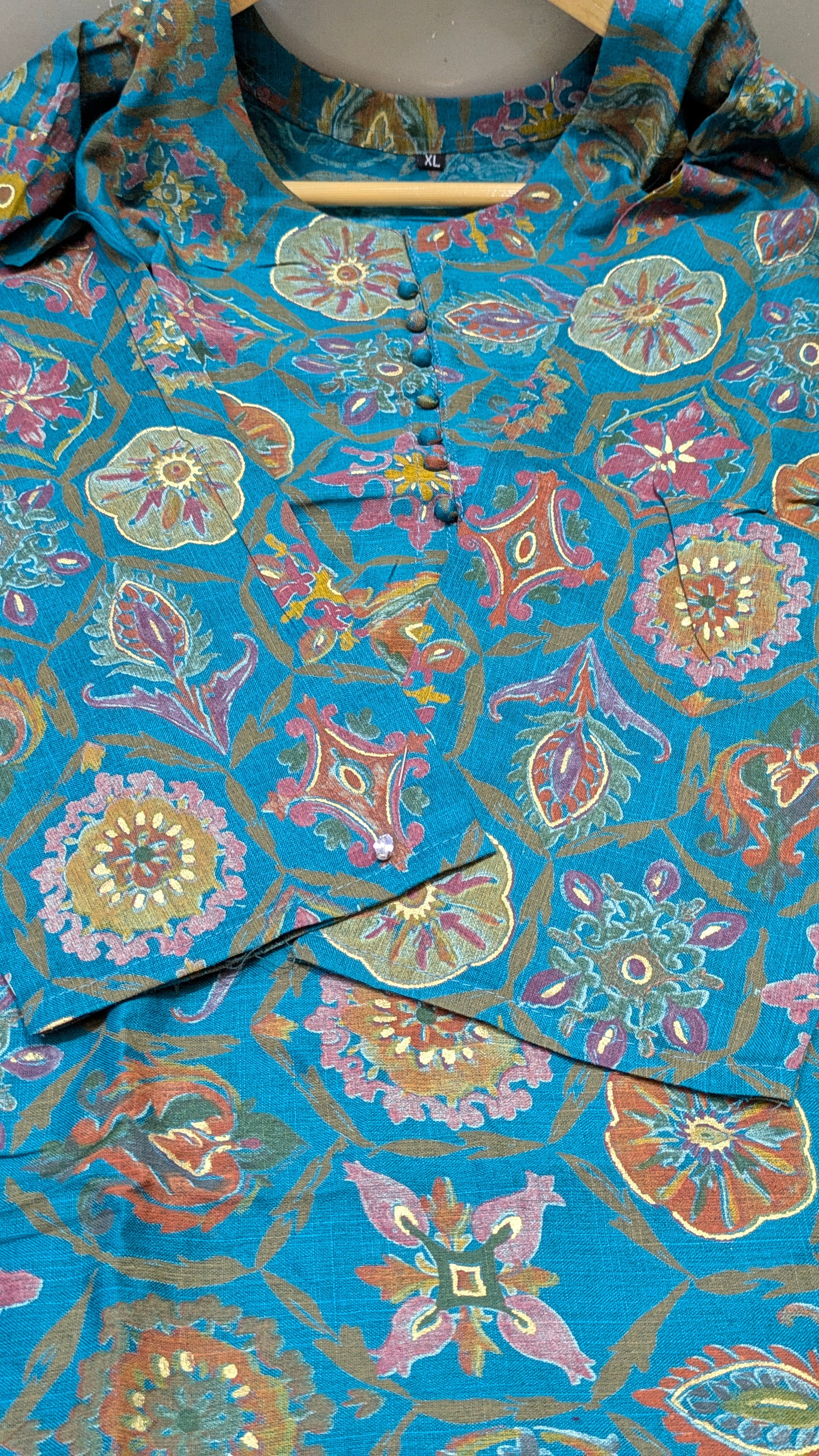 Teal Medallion Print Aarong Cotton Kurti & Straight Palazzo Set | Women