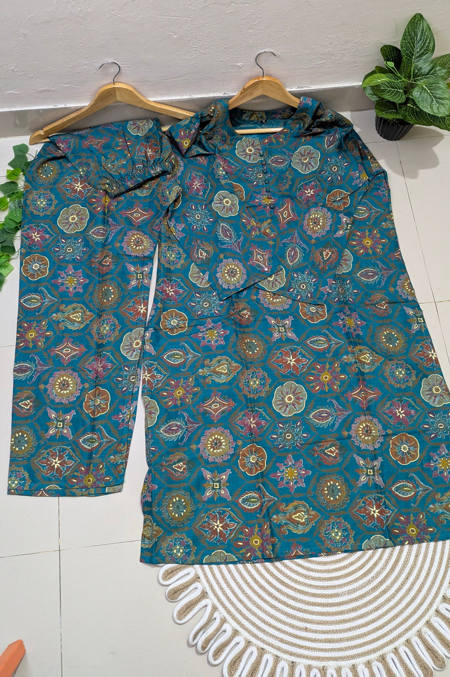 Teal Medallion Print Cotton Kurti
