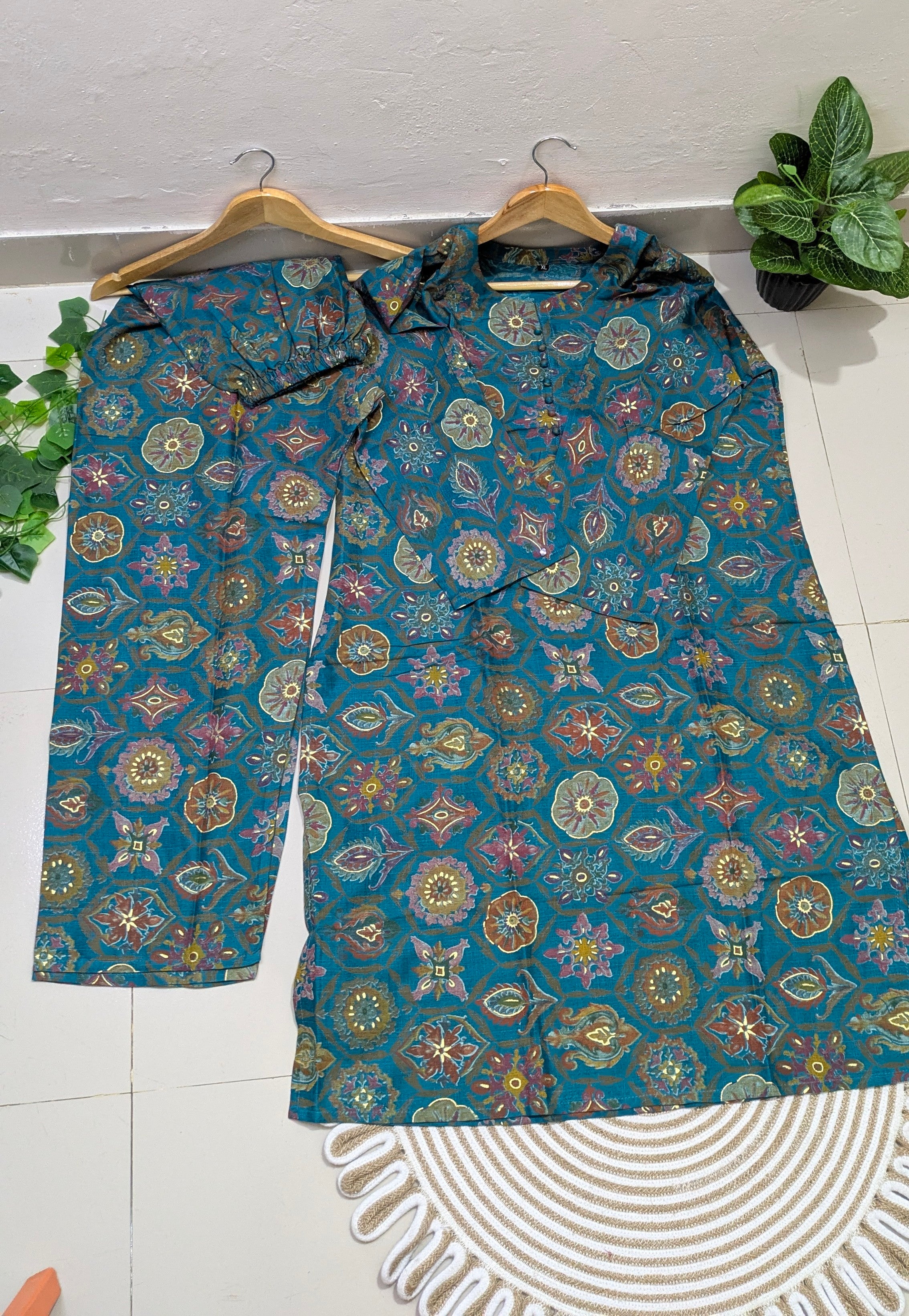 Teal Medallion Print Aarong Cotton Kurti & Straight Palazzo Set | Women