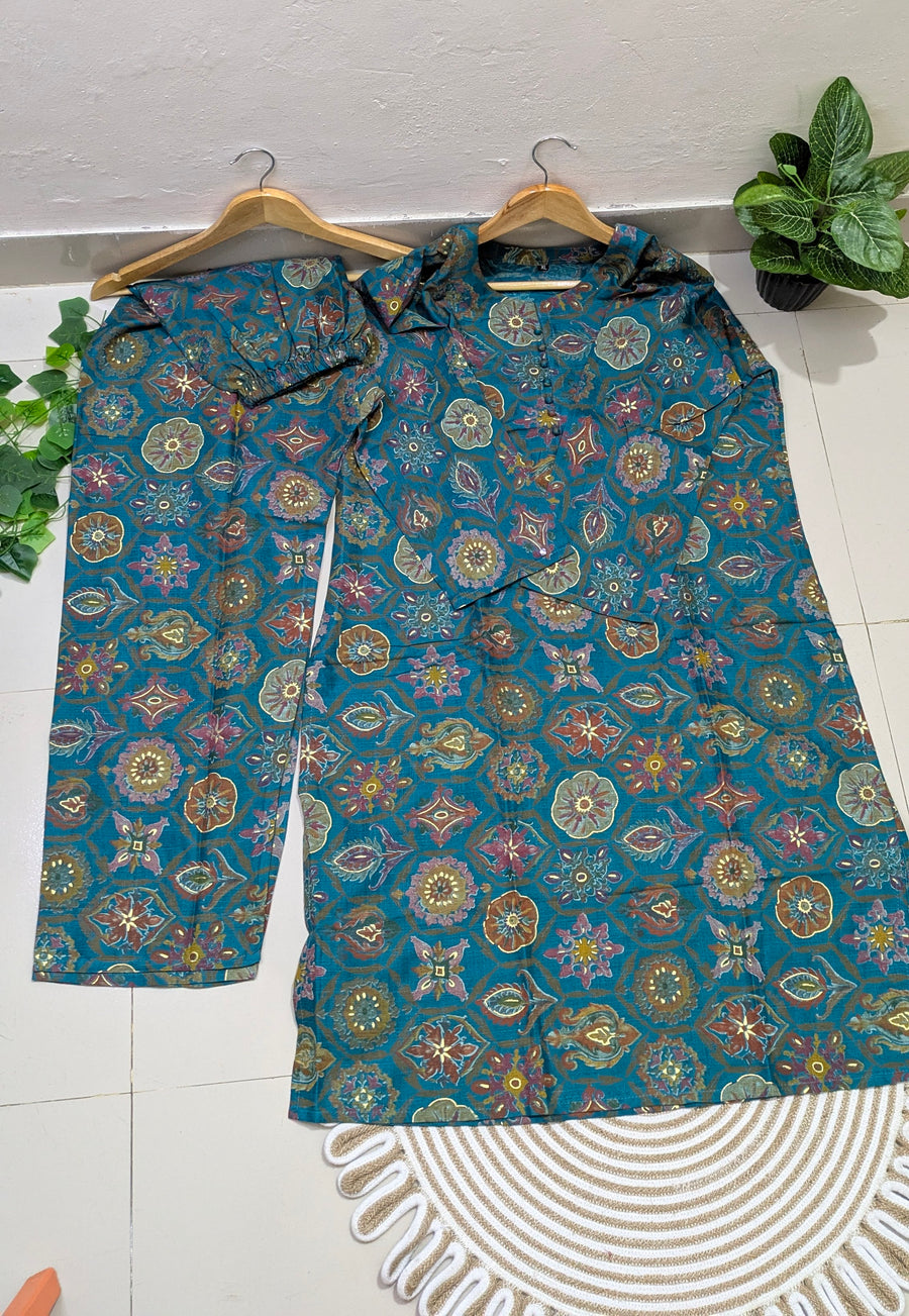Teal Medallion Print Cotton Kurti