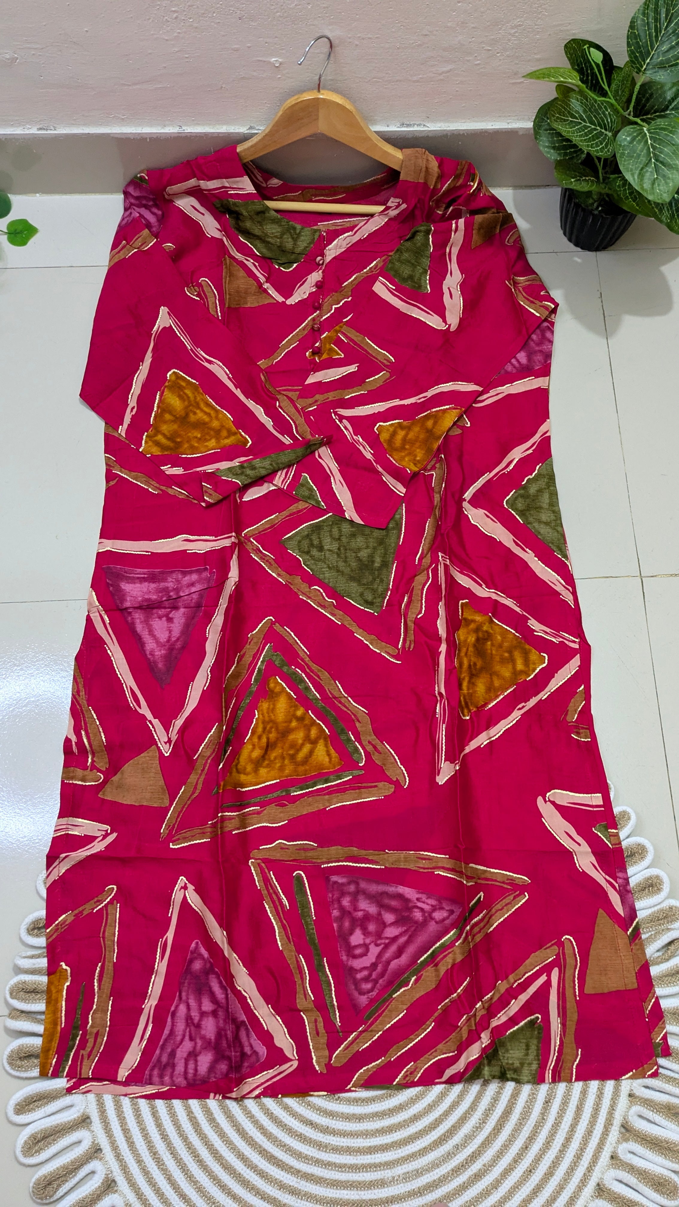 Hot Pink Geometric Triangle Print Aarong Cotton Kurti & Palazzo Set | Women