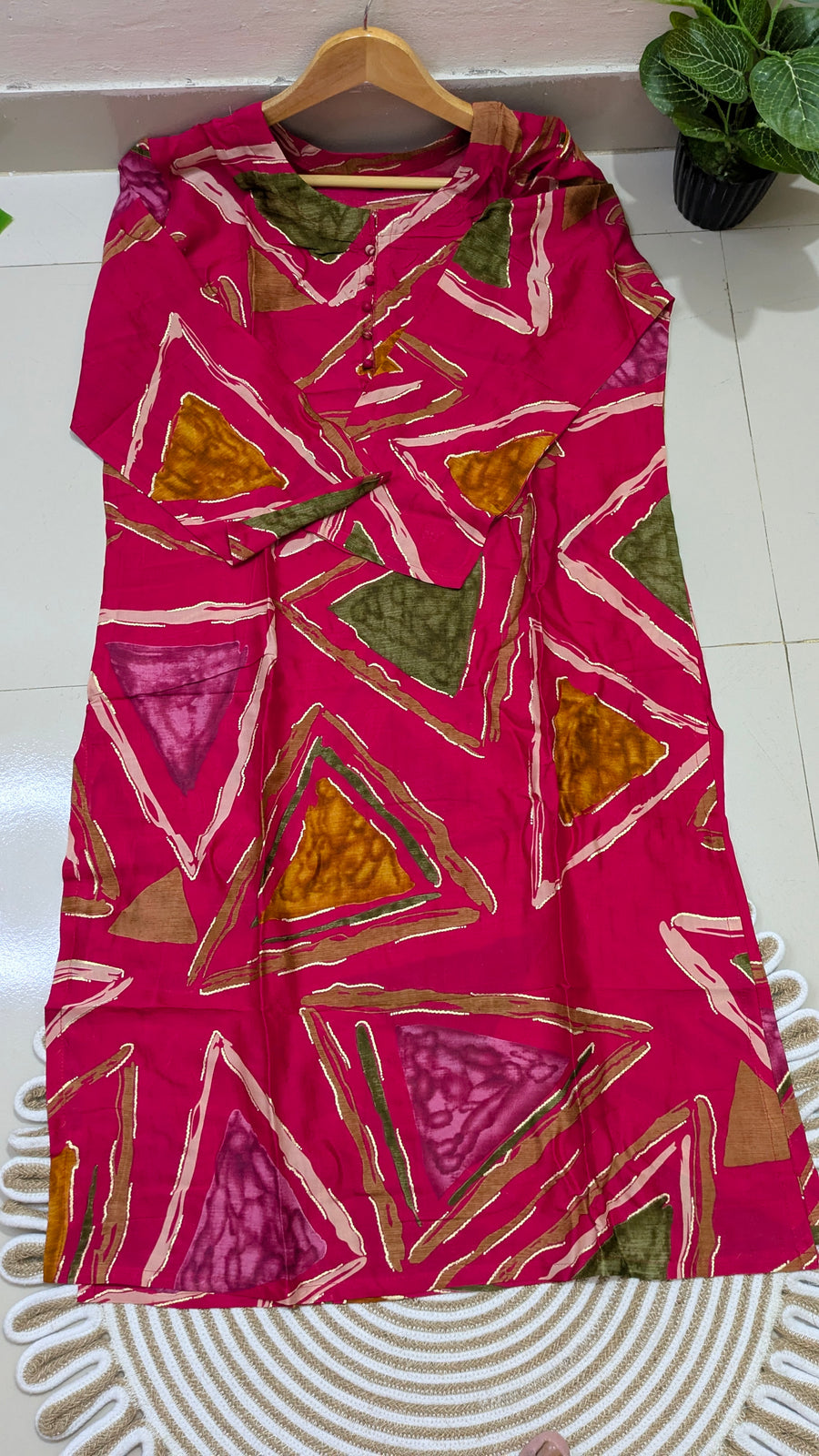 Pink Geometric Print Cotton Kurti & Palazzo Set