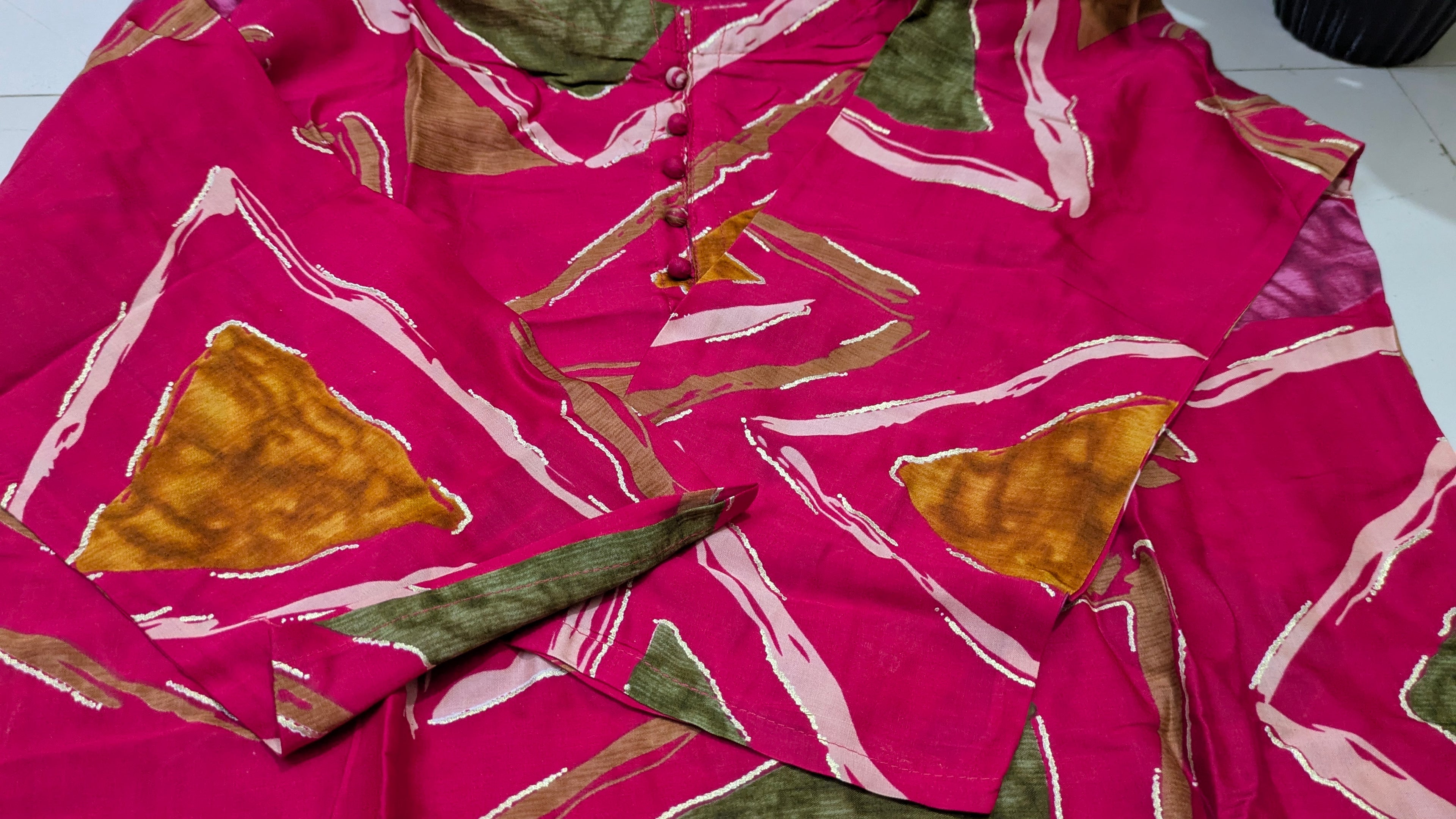Hot Pink Geometric Triangle Print Aarong Cotton Kurti & Palazzo Set | Women