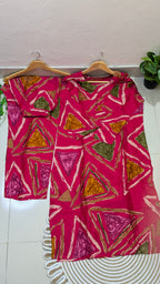 Hot Pink Geometric Triangle Print Aarong Cotton Kurti & Palazzo Set | Women