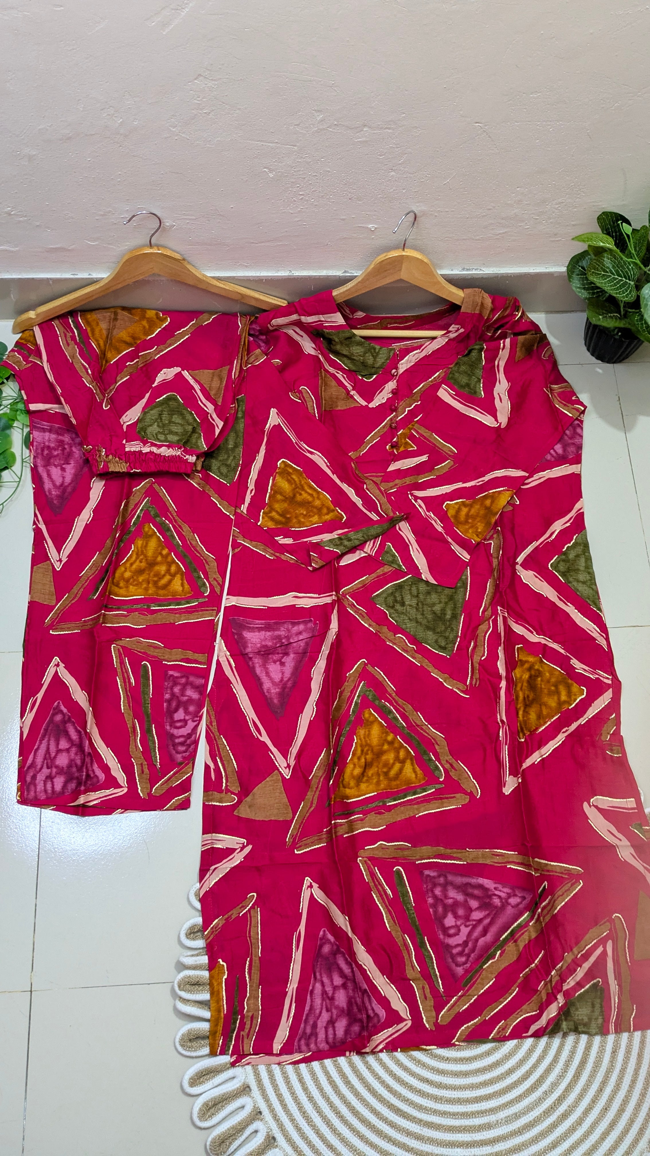 Hot Pink Geometric Triangle Print Aarong Cotton Kurti & Palazzo Set | Women