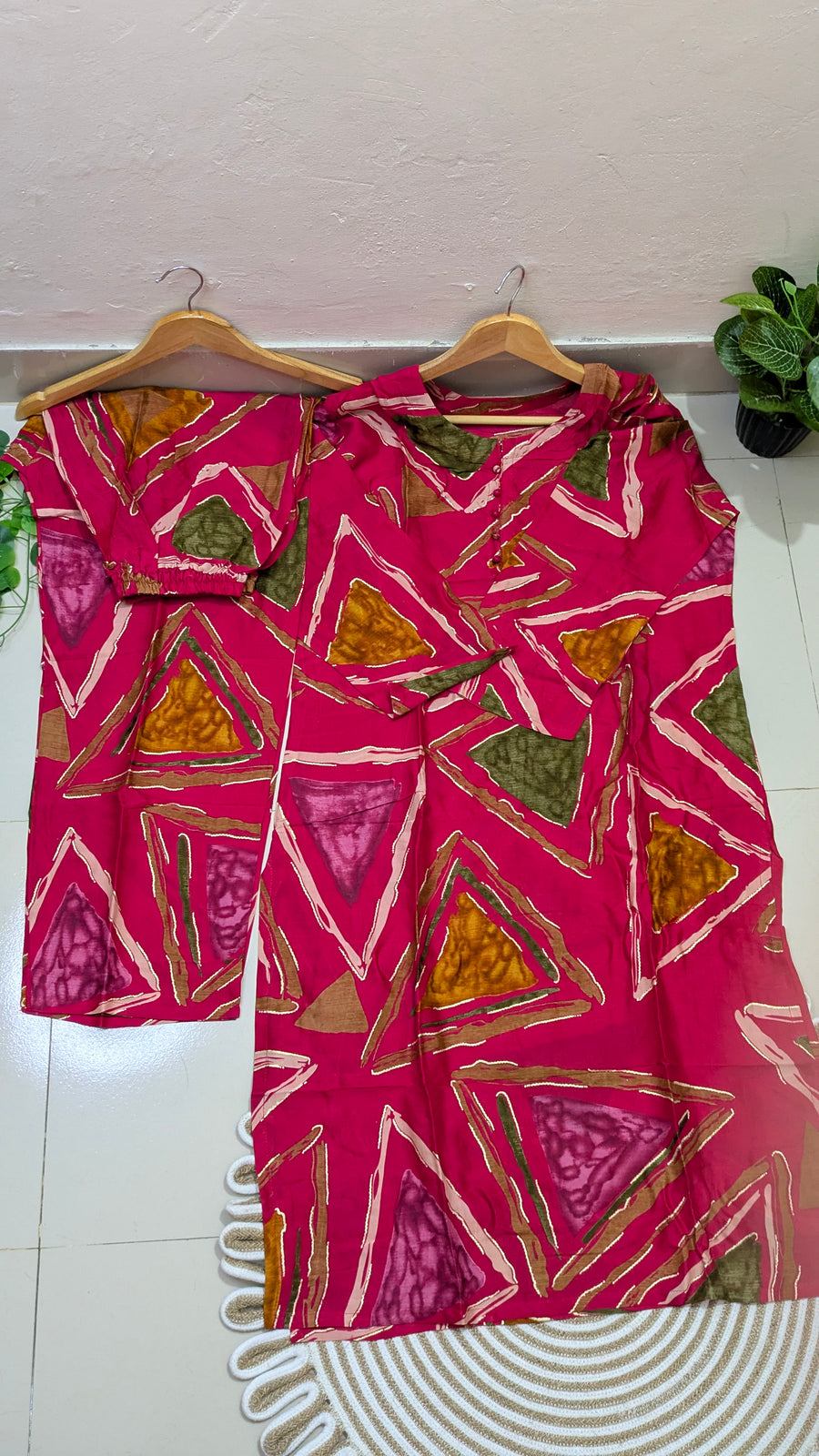 Pink Geometric Print Cotton Kurti & Palazzo Set