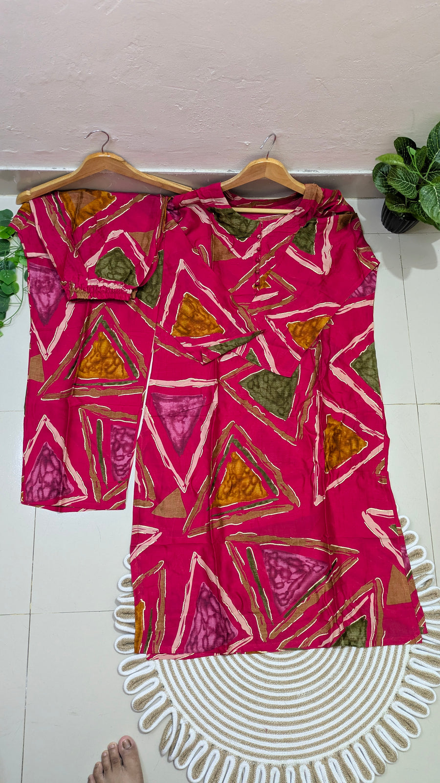 Pink Geometric Print Cotton Kurti & Palazzo Set