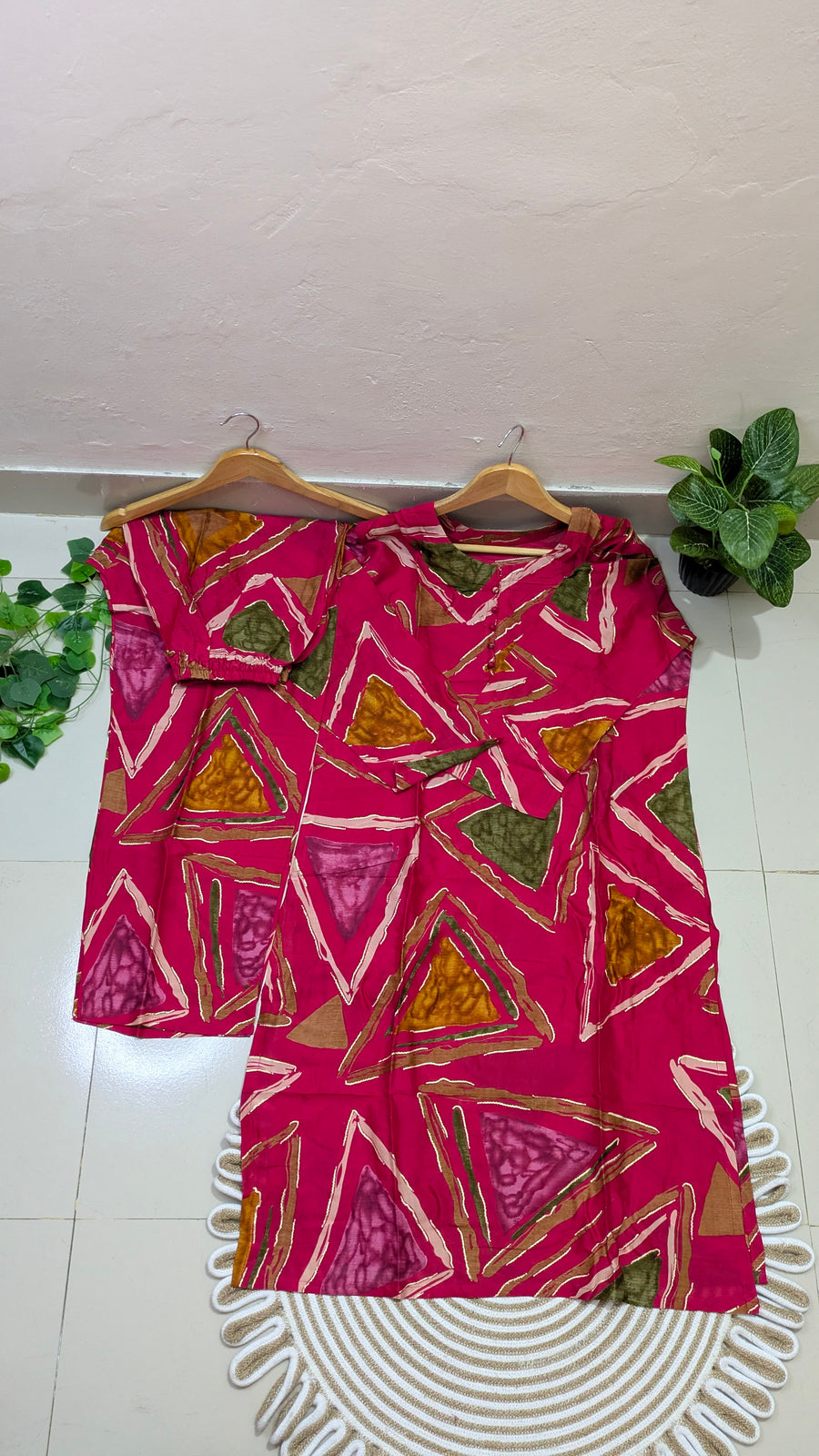 Pink Geometric Print Cotton Kurti & Palazzo Set