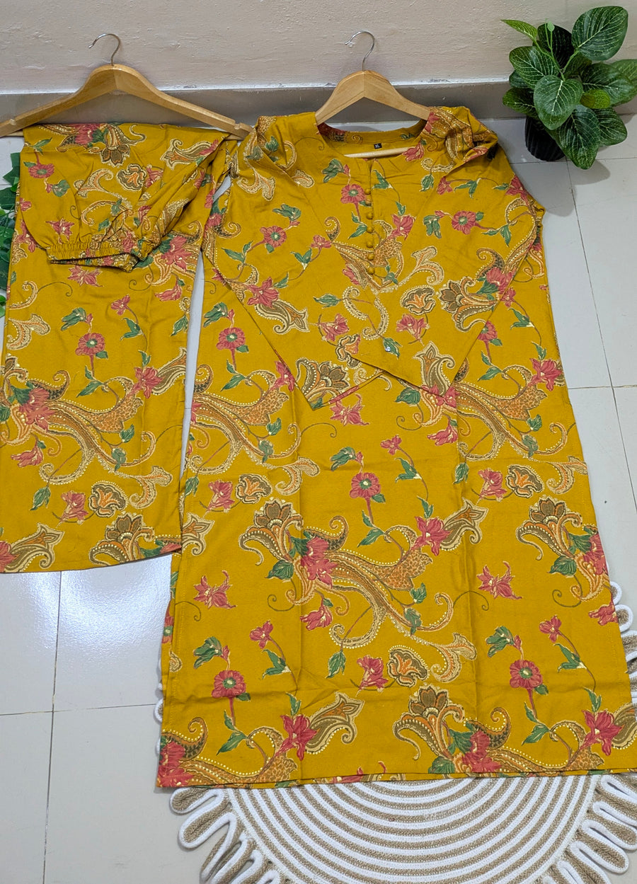 Yellow Floral Cotton Kurti & Palazzo Set