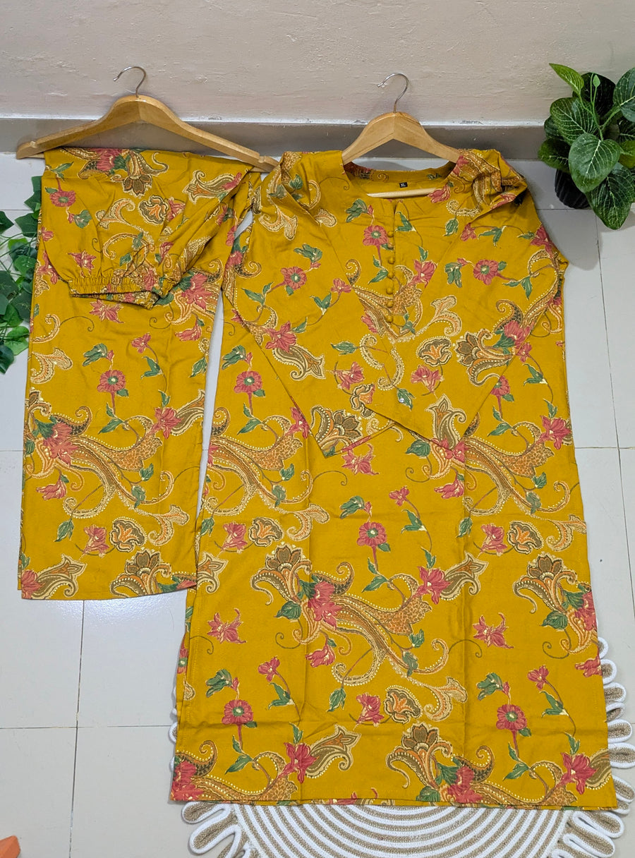 Yellow Floral Cotton Kurti & Palazzo Set