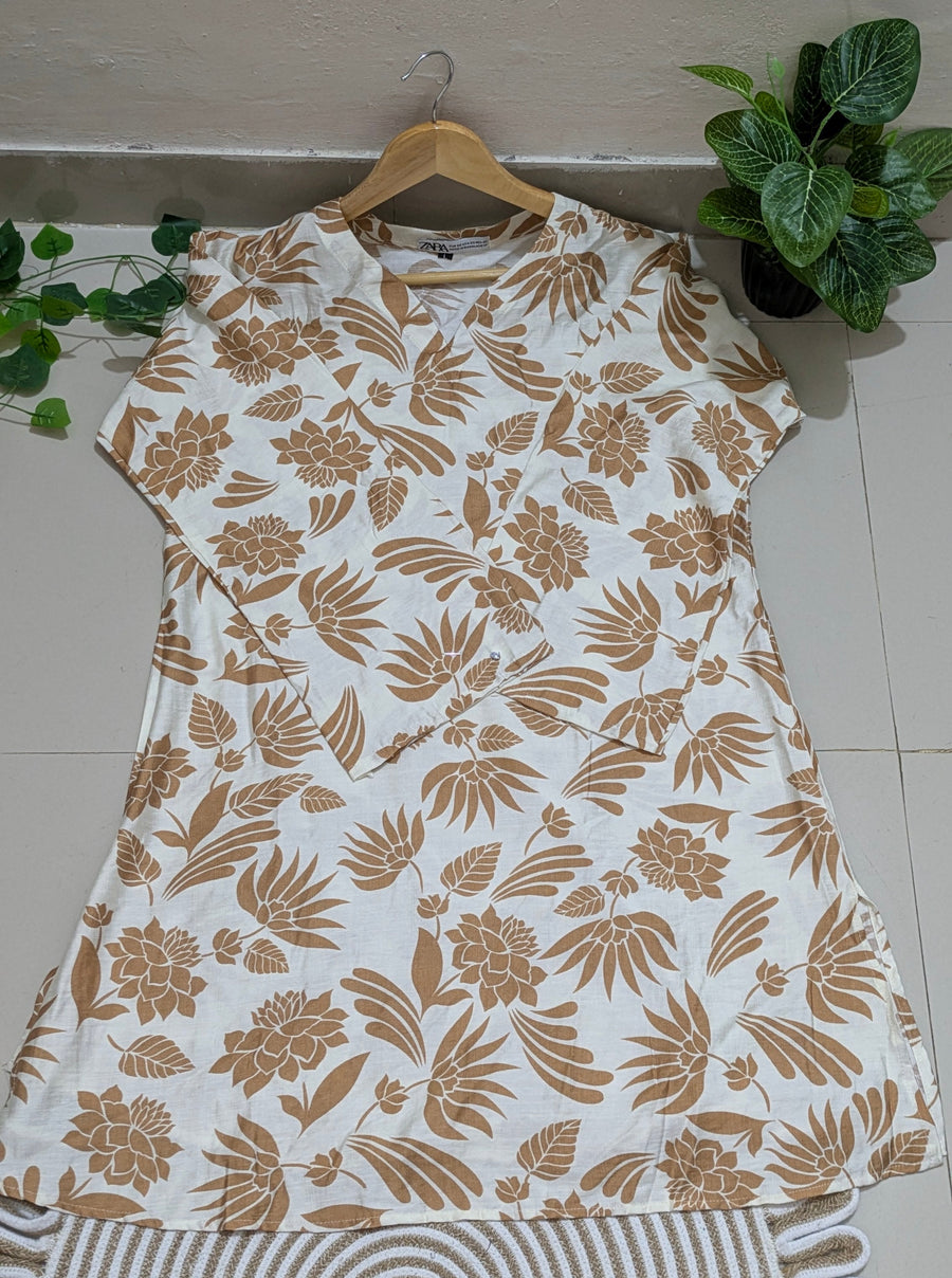 White & Camel Tropical Floral Kurti Plazzo set