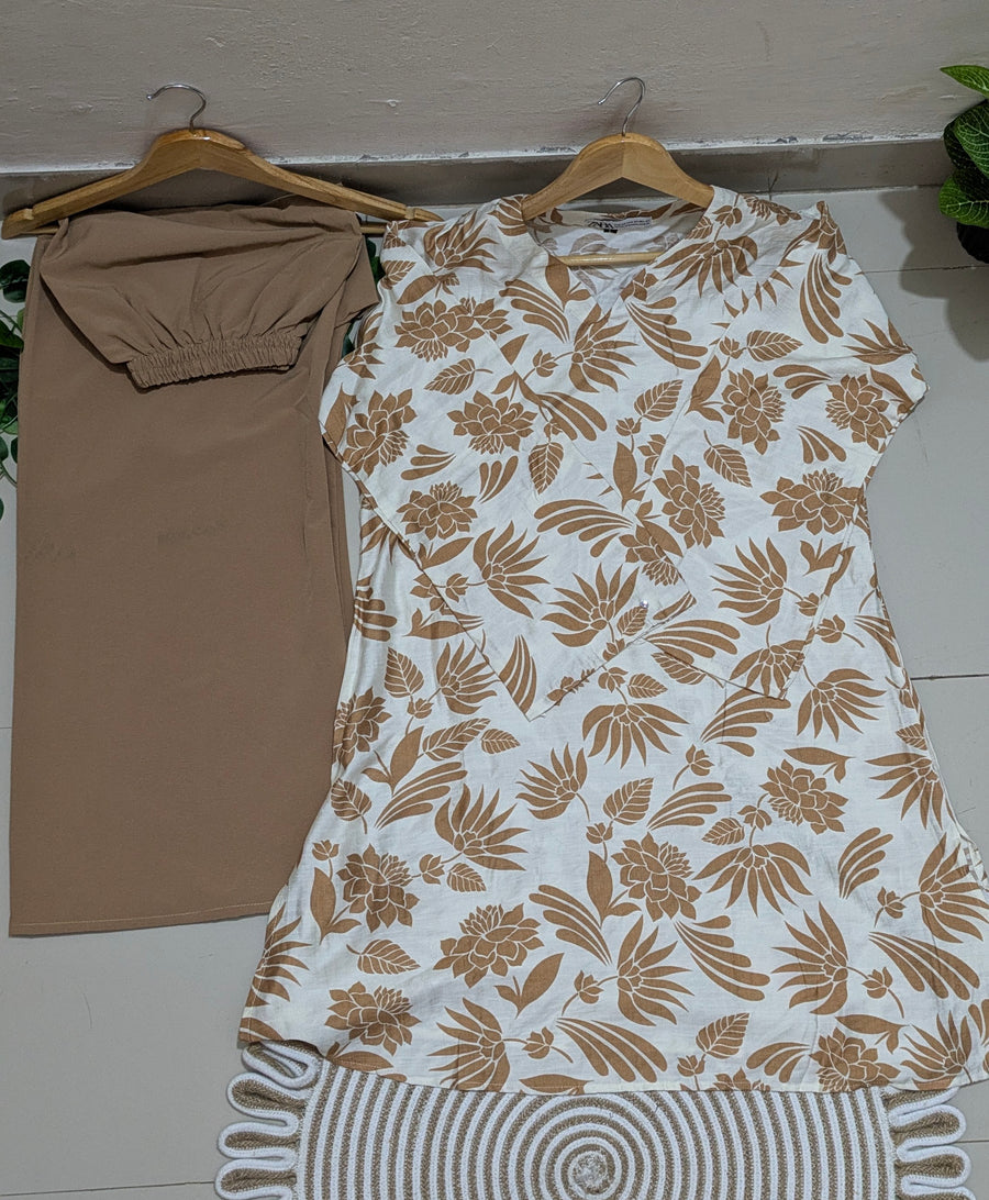 White & Camel Tropical Floral Kurti Plazzo set