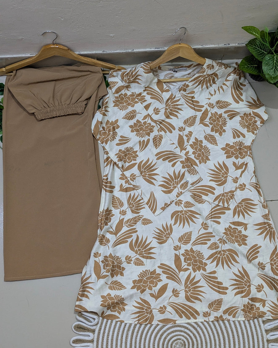White & Camel Tropical Floral Kurti Plazzo set