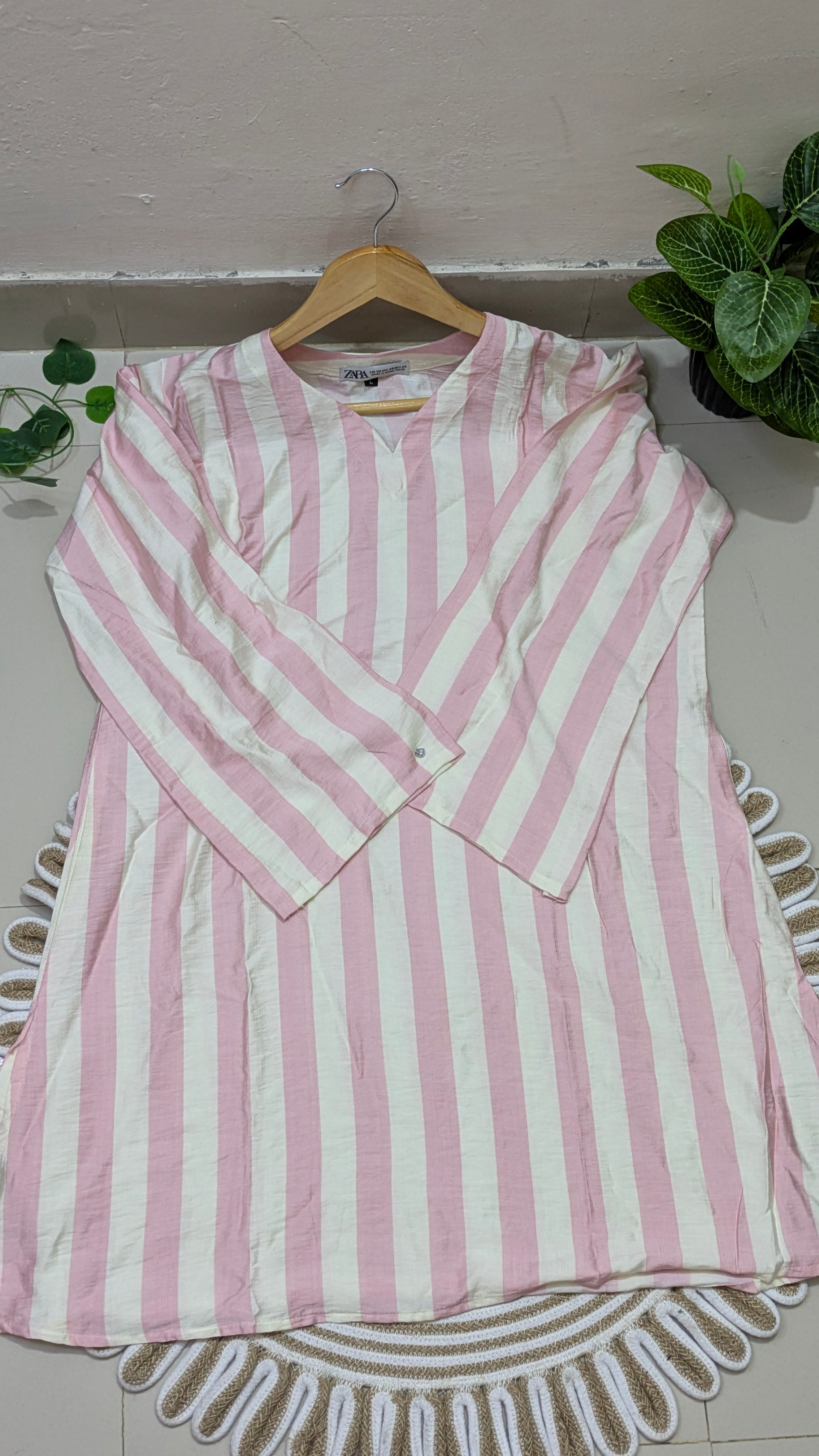 Pink & White Bold Stripe Aarong Cotton Kurti | Summer Kurti for Women