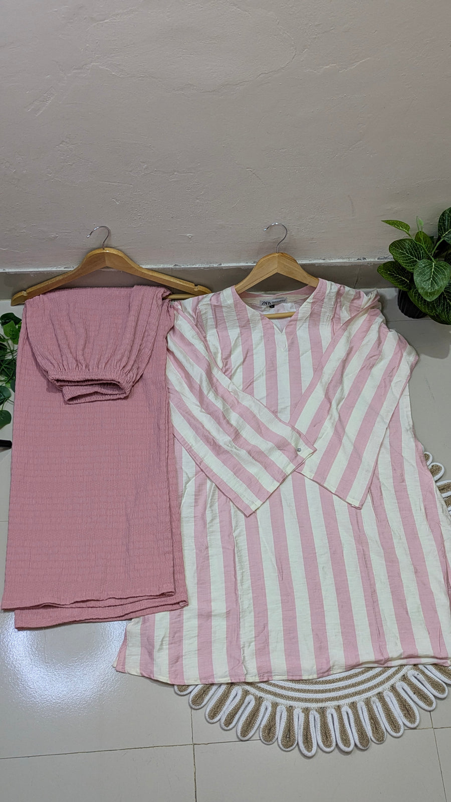 Pink & White Bold Stripe Kurti Plazzo set
