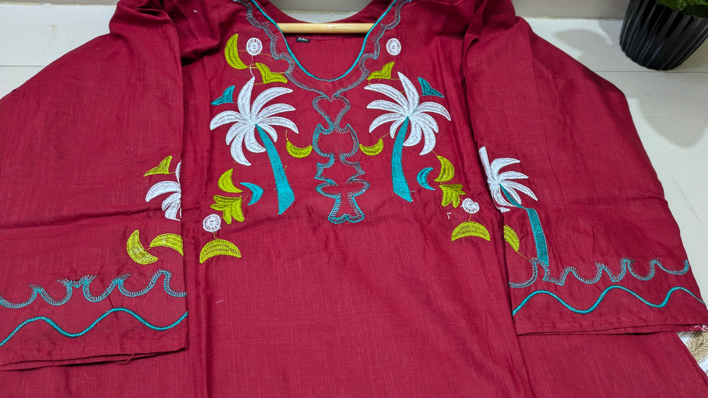 Maroon Tropical Embroidered Aarong Cotton Kurti | Summer Kurti for Women