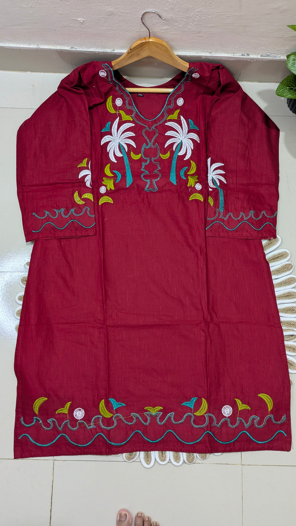 Maroon Tropical Embroidered Aarong Cotton Kurti | Summer Kurti for Women