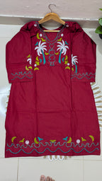 Maroon Tropical Embroidered Aarong Cotton Kurti | Summer Kurti for Women