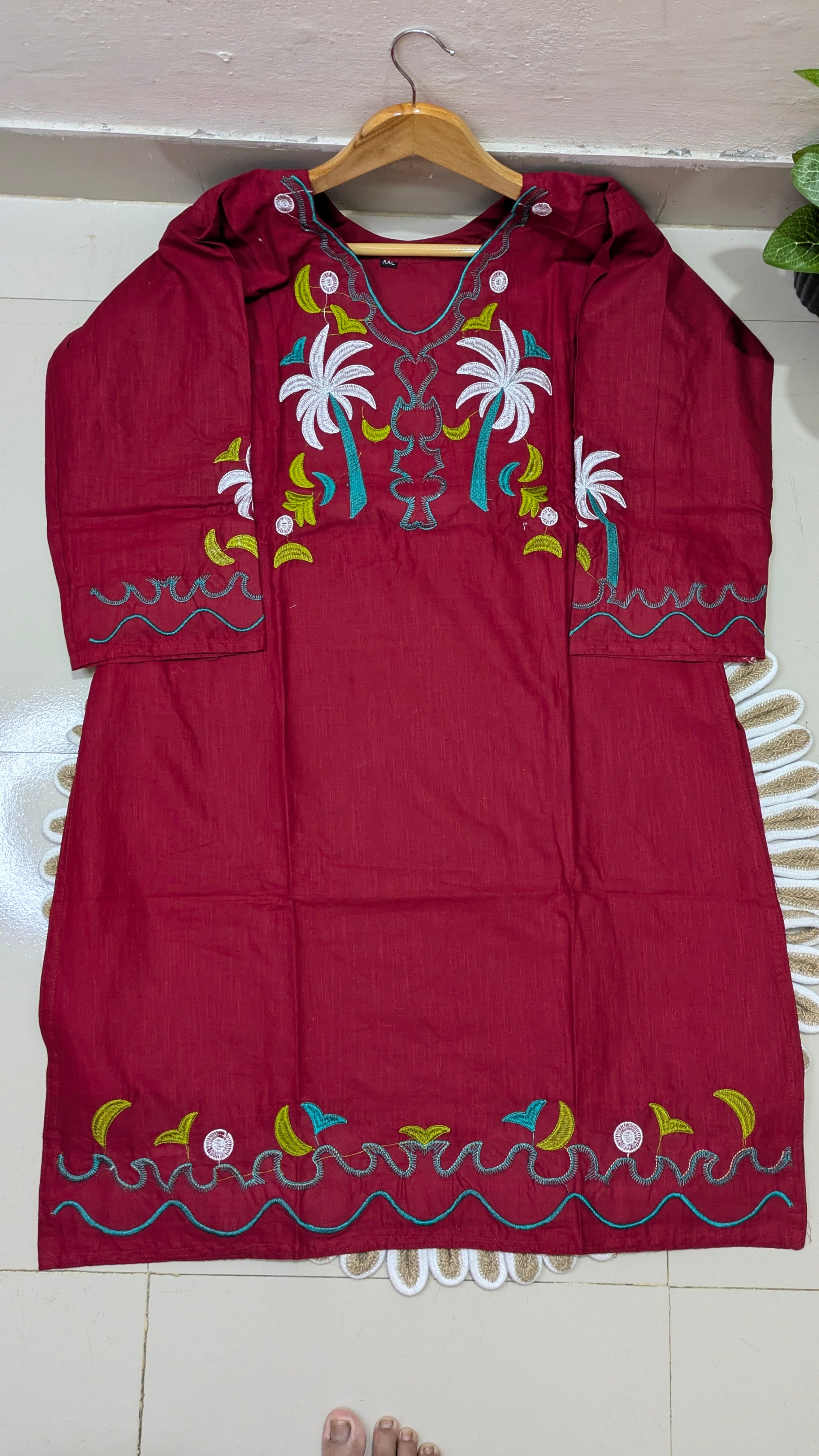 Maroon Tropical Embroidered Aarong Cotton Kurti | Summer Kurti for Women