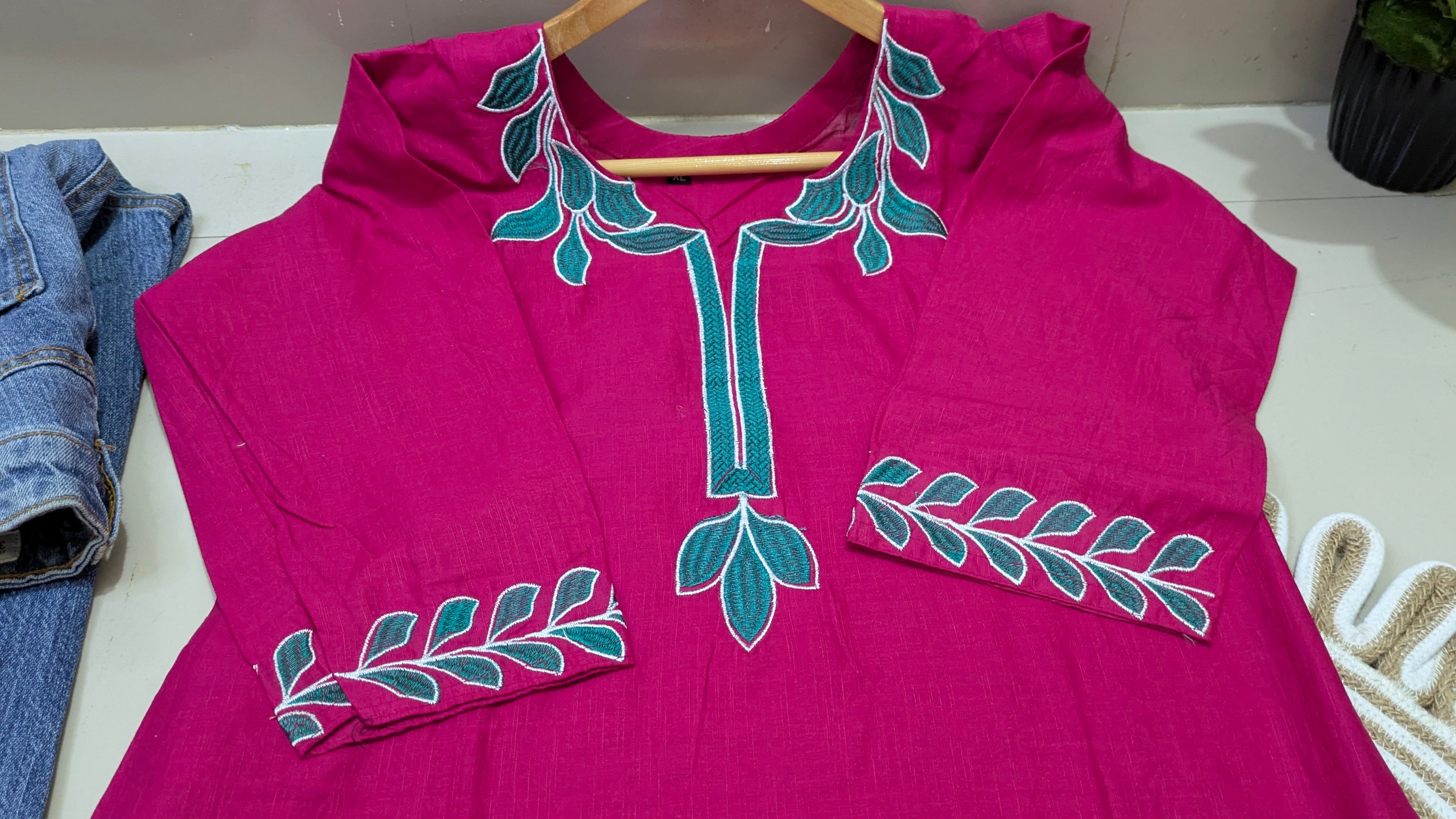 Magenta Floral Embroidered Aarong Cotton Kurti | Summer Kurti for Women