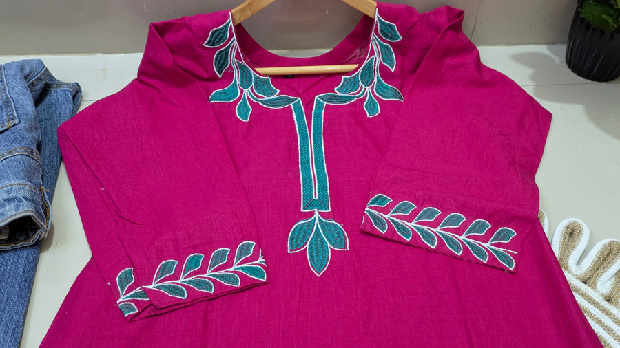 Magenta Floral Embroidered Cotton Kurti